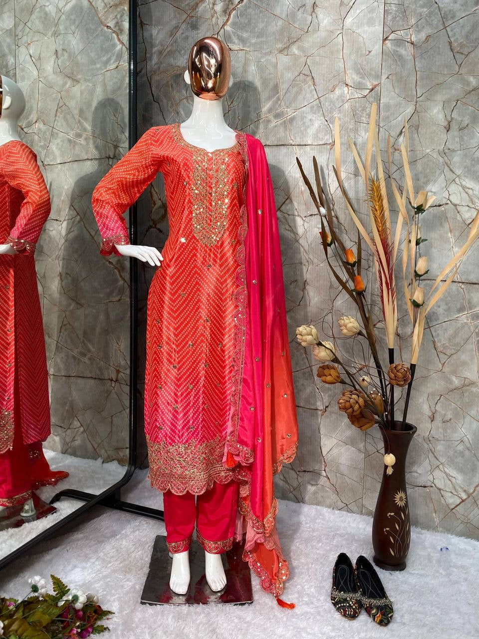 Pure Chinon Silk Printed and Sequin Embroidery Work Top and Pant with Dupatta**