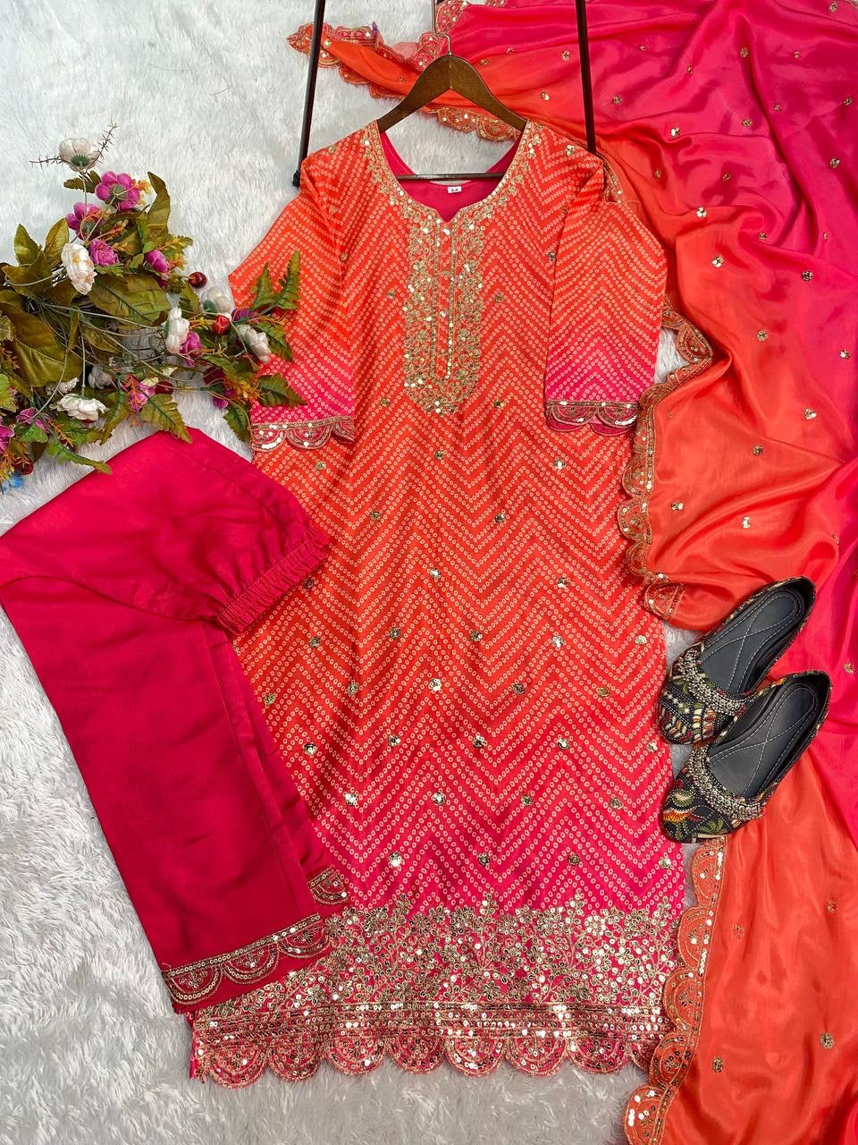 Pure Chinon Silk Printed and Sequin Embroidery Work Top and Pant with Dupatta**