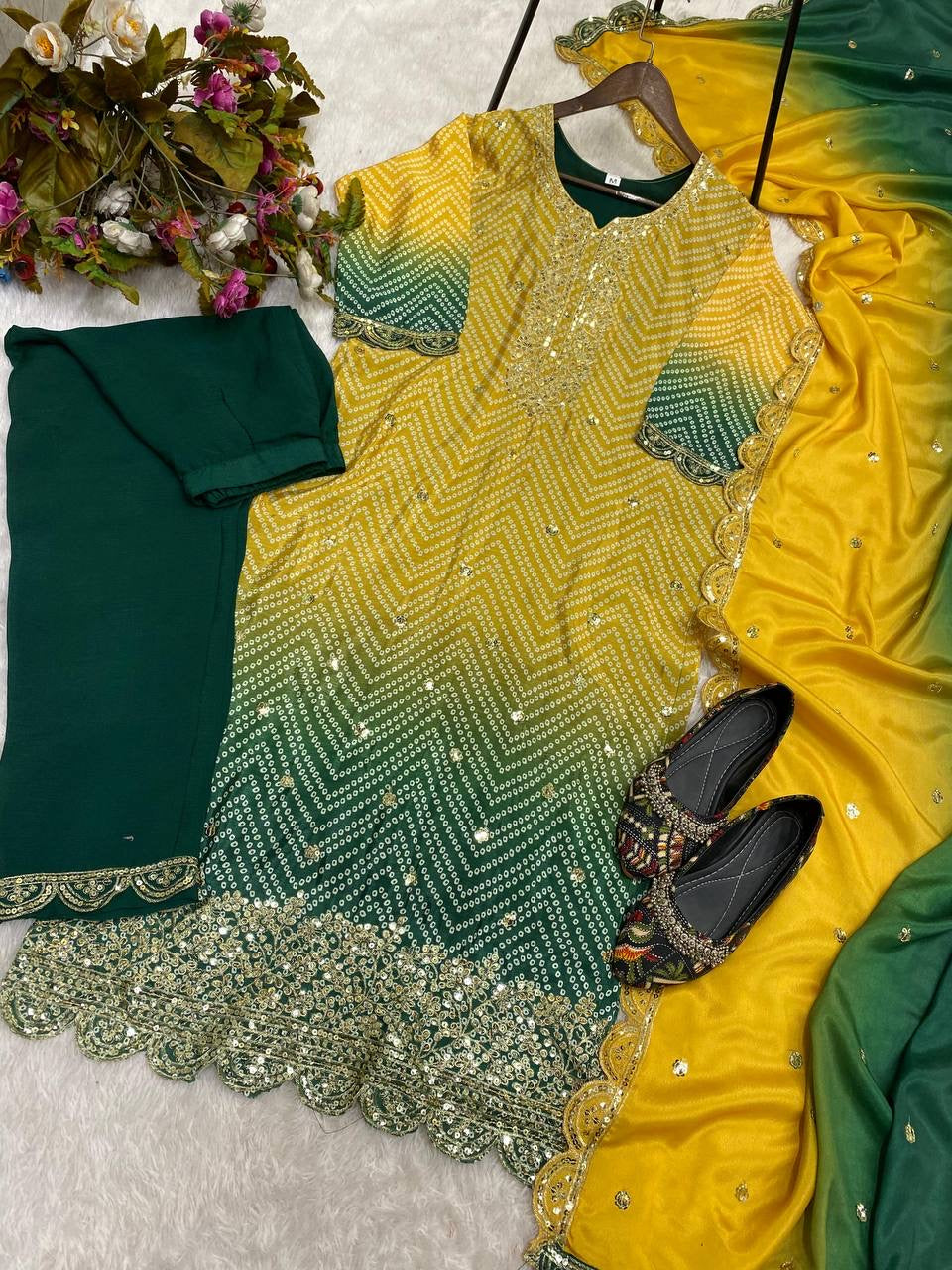 Pure Chinon Silk Printed and Sequin Embroidery Work Top and Pant with Dupatta**