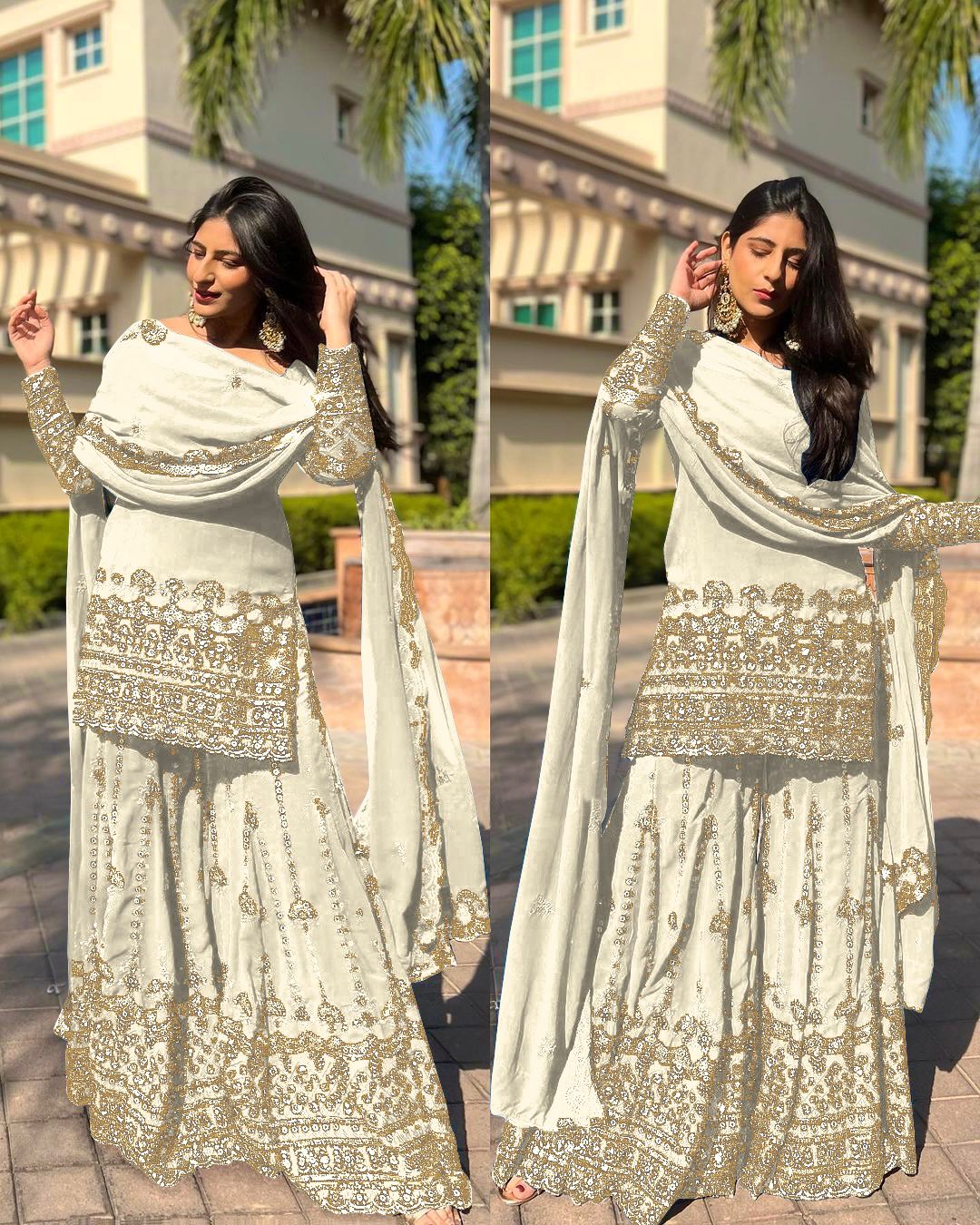 Embroidery And Sequins Work Top - Sharara With Dupatta