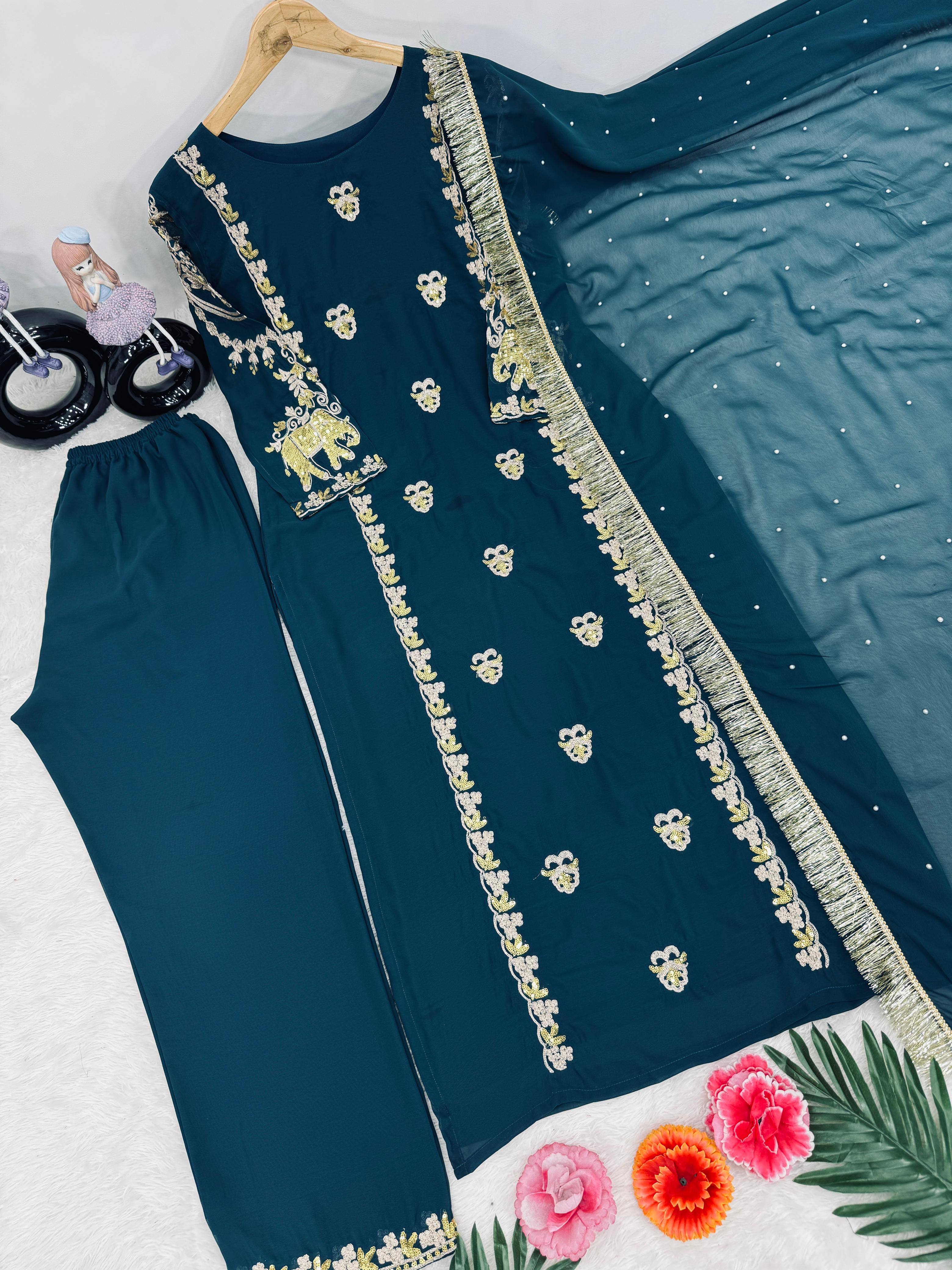 Faux Georgette 3-Piece Suit Set With Embroidery And Sequence Work