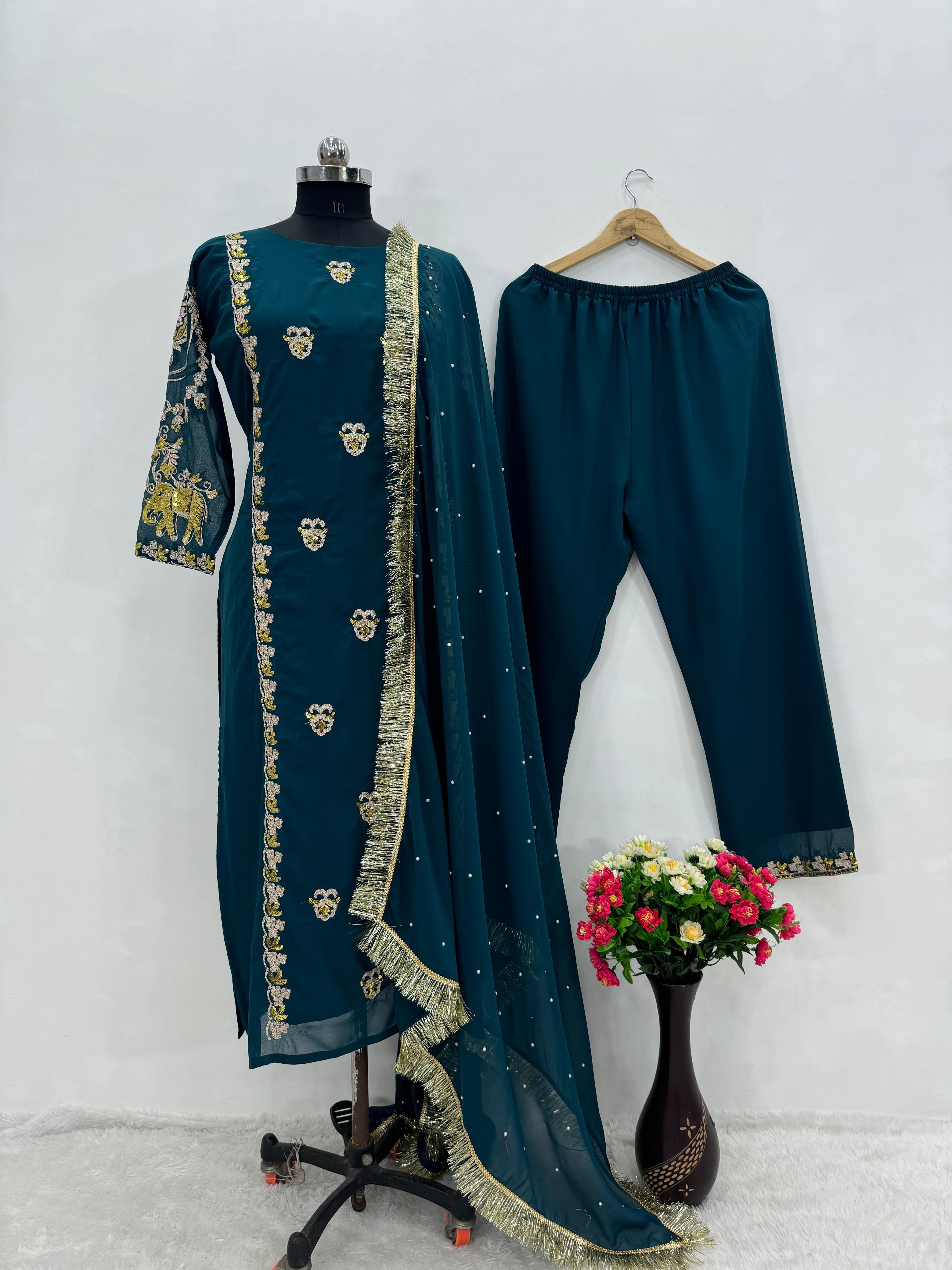 Faux Georgette 3-Piece Suit Set With Embroidery And Sequence Work