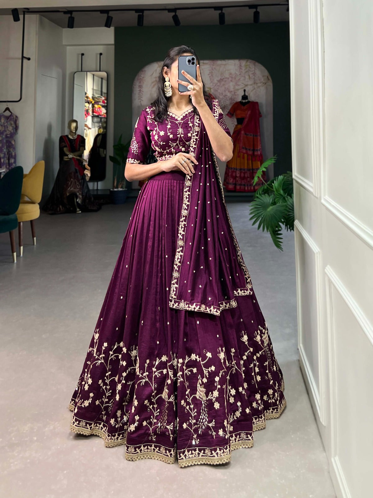 wine-colored Vichitra Silk Lehenga Choli, with sequin and thread embroidery work