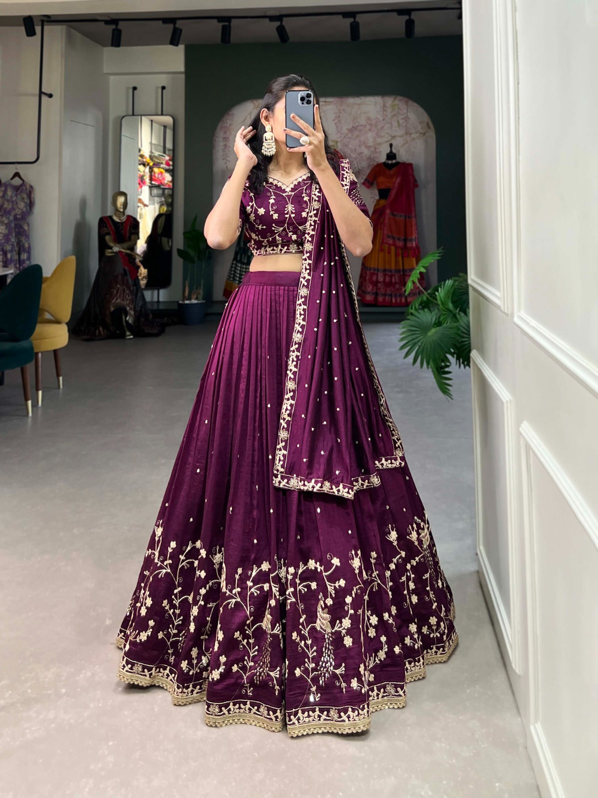 wine-colored Vichitra Silk Lehenga Choli, with sequin and thread embroidery work