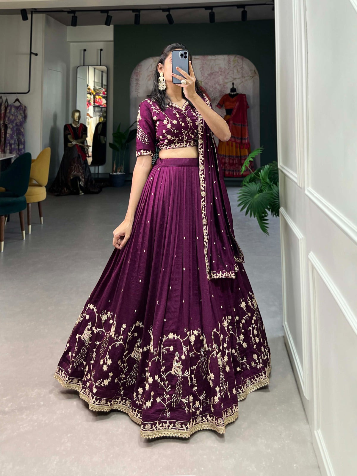 wine-colored Vichitra Silk Lehenga Choli, with sequin and thread embroidery work