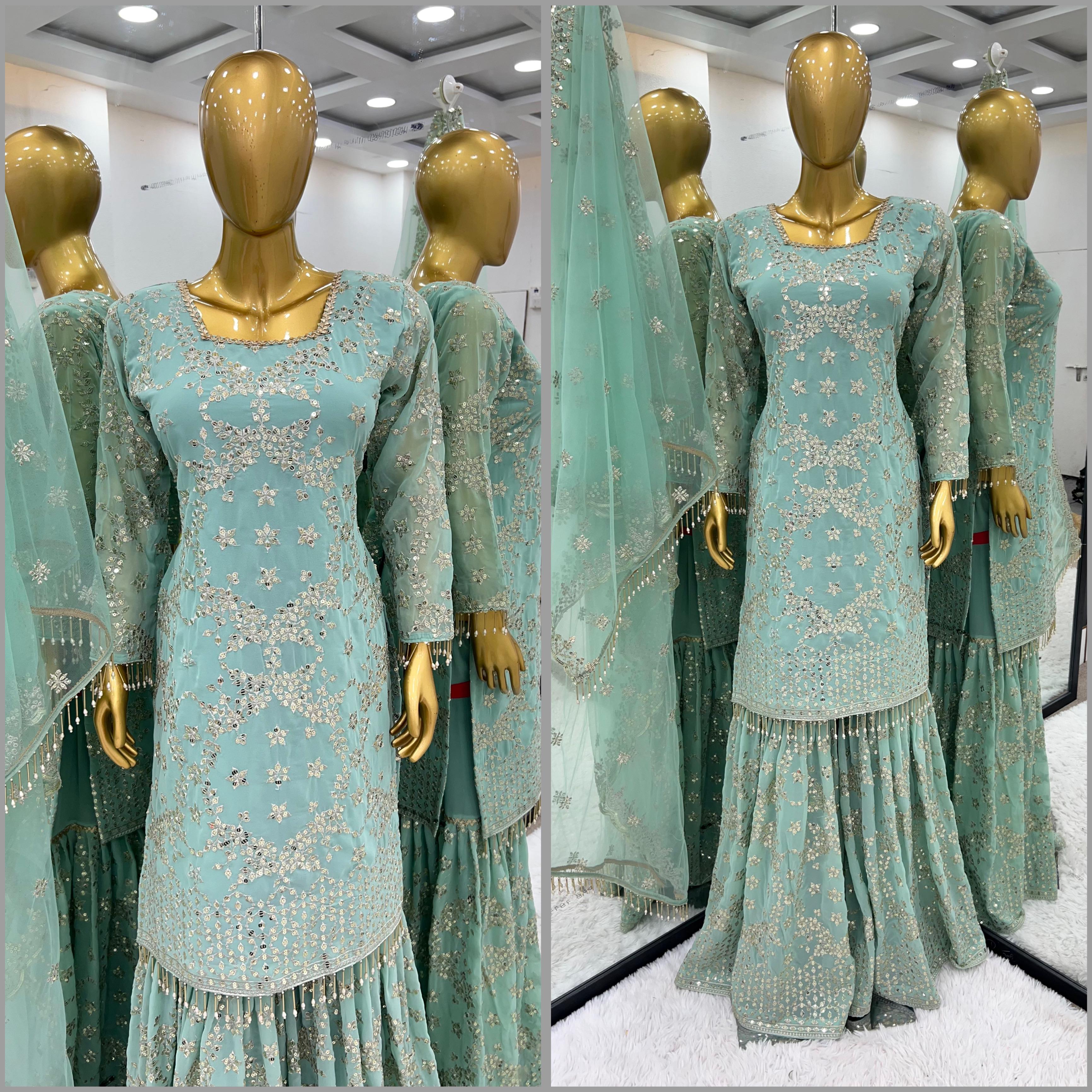 Faux Georgette Sharara Set With Embroidery - Sequence Work