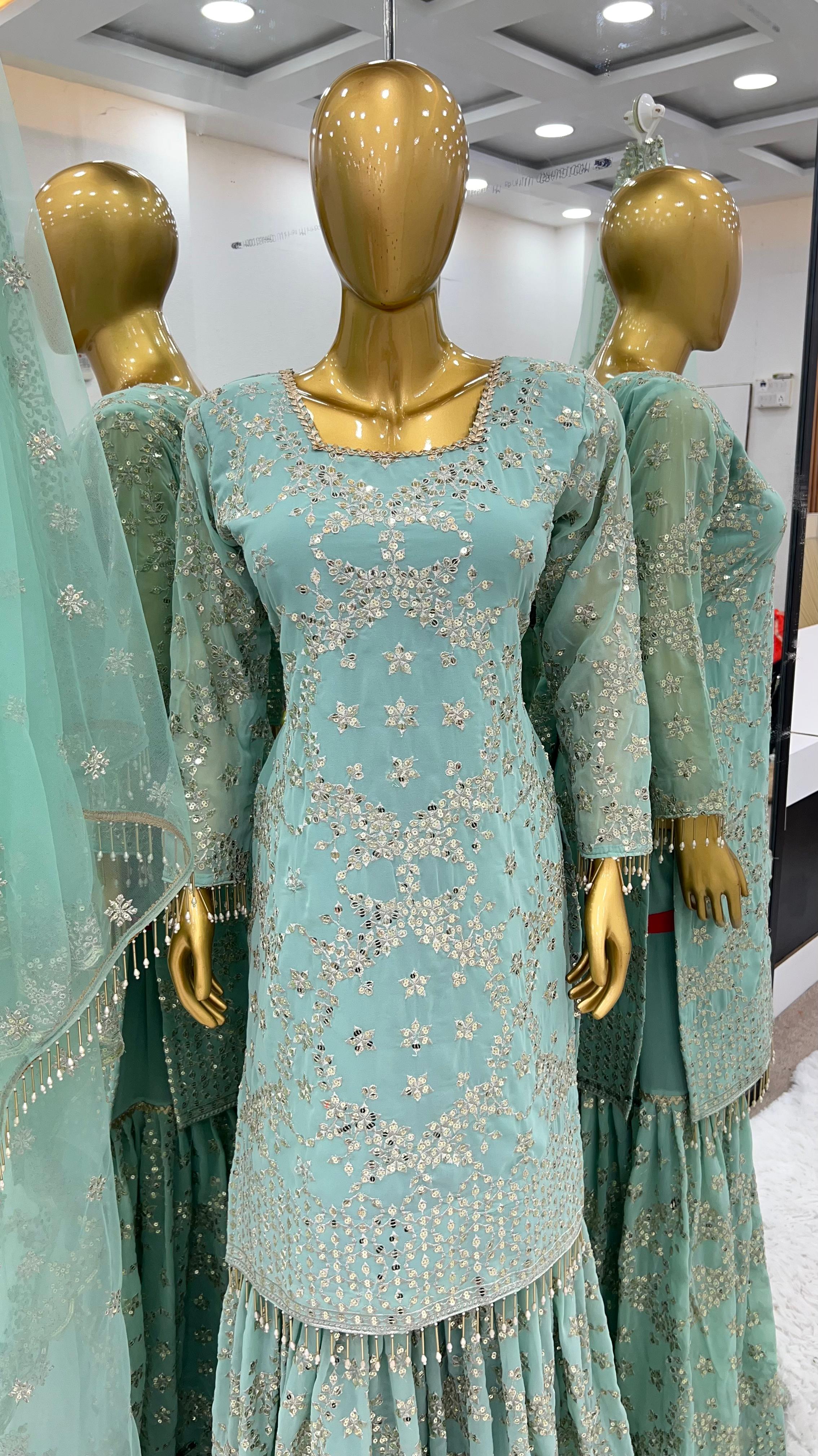 Faux Georgette Sharara Set With Embroidery - Sequence Work