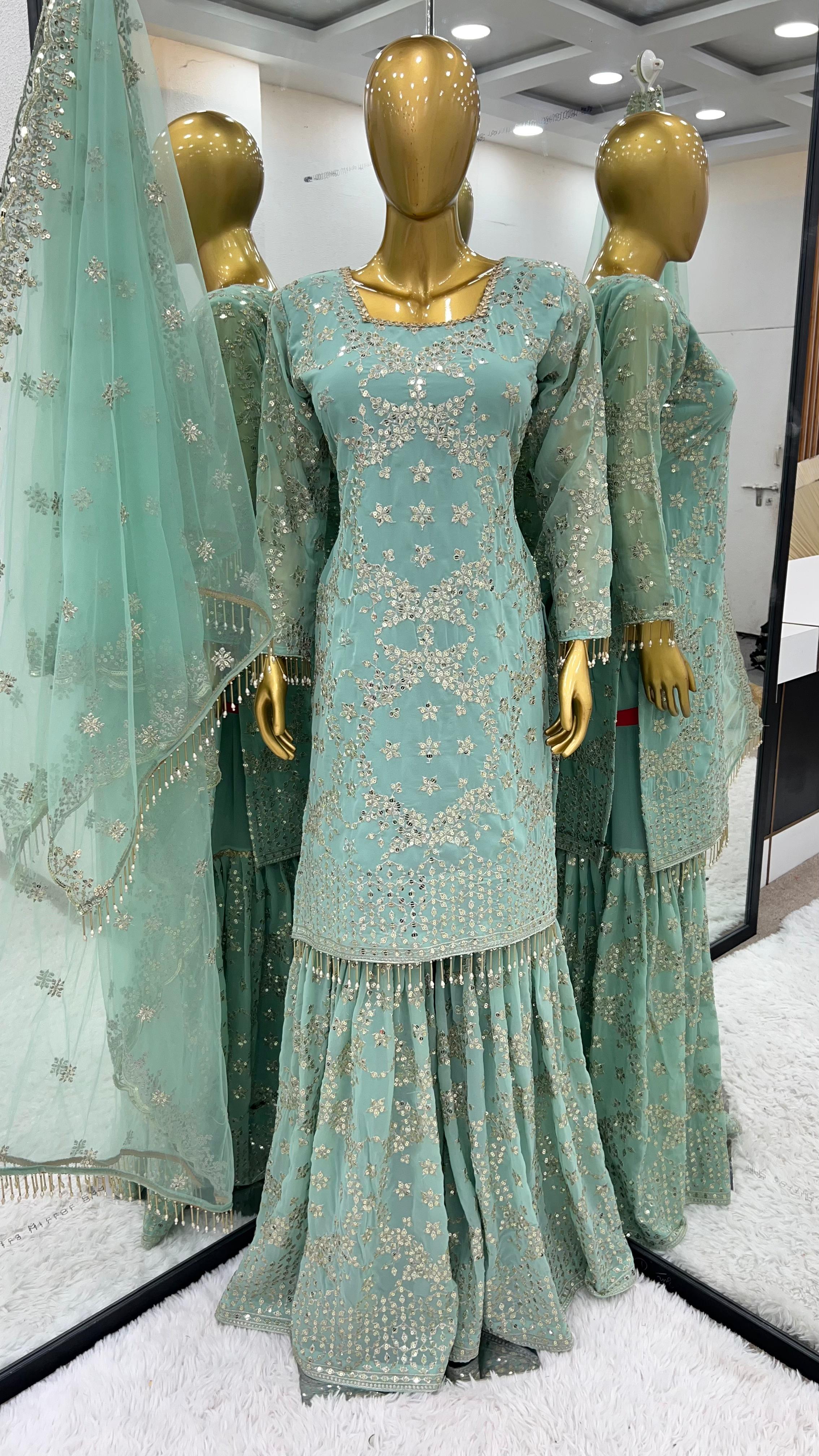 Faux Georgette Sharara Set With Embroidery - Sequence Work