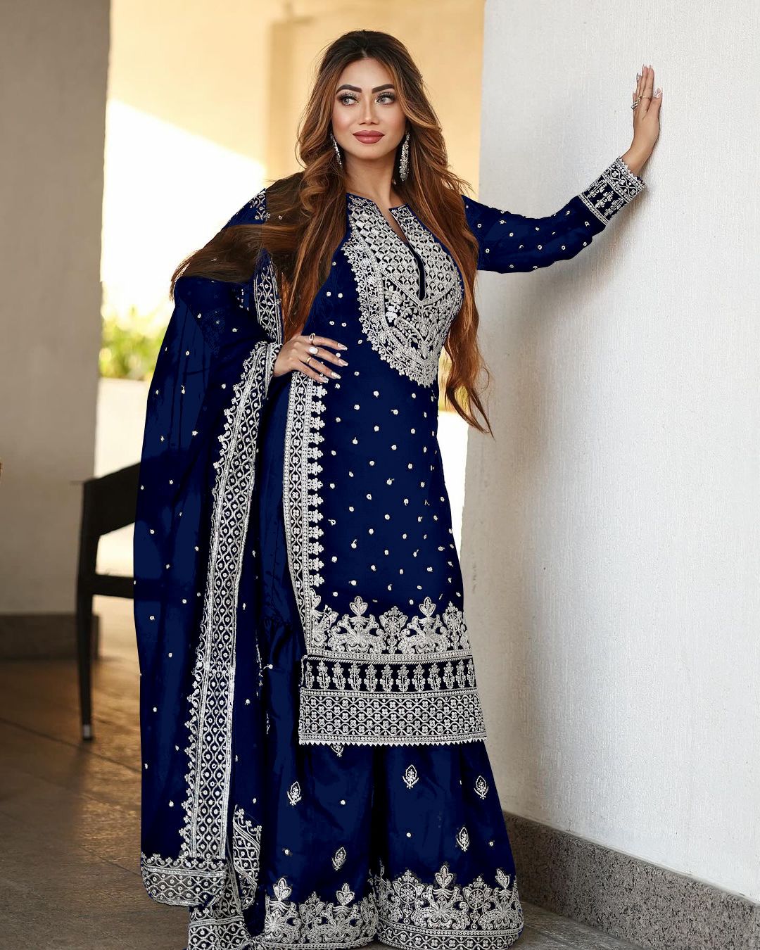 Heavy Embroidery Sequence Work Top-Gharara with Dupatta - Fully Stitched