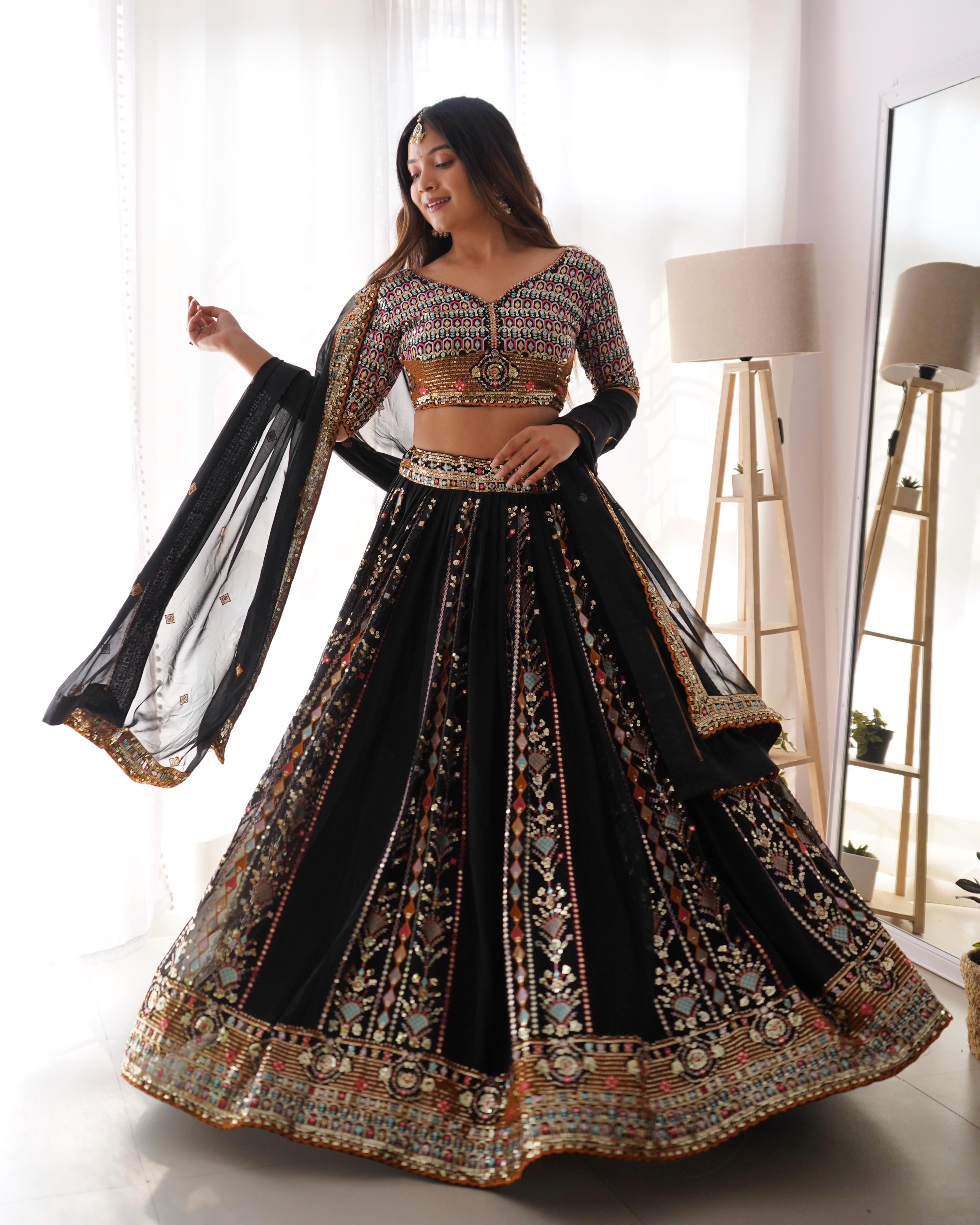 Black Faux Georgette Sequence Work Lehenga Choli With Dupatta