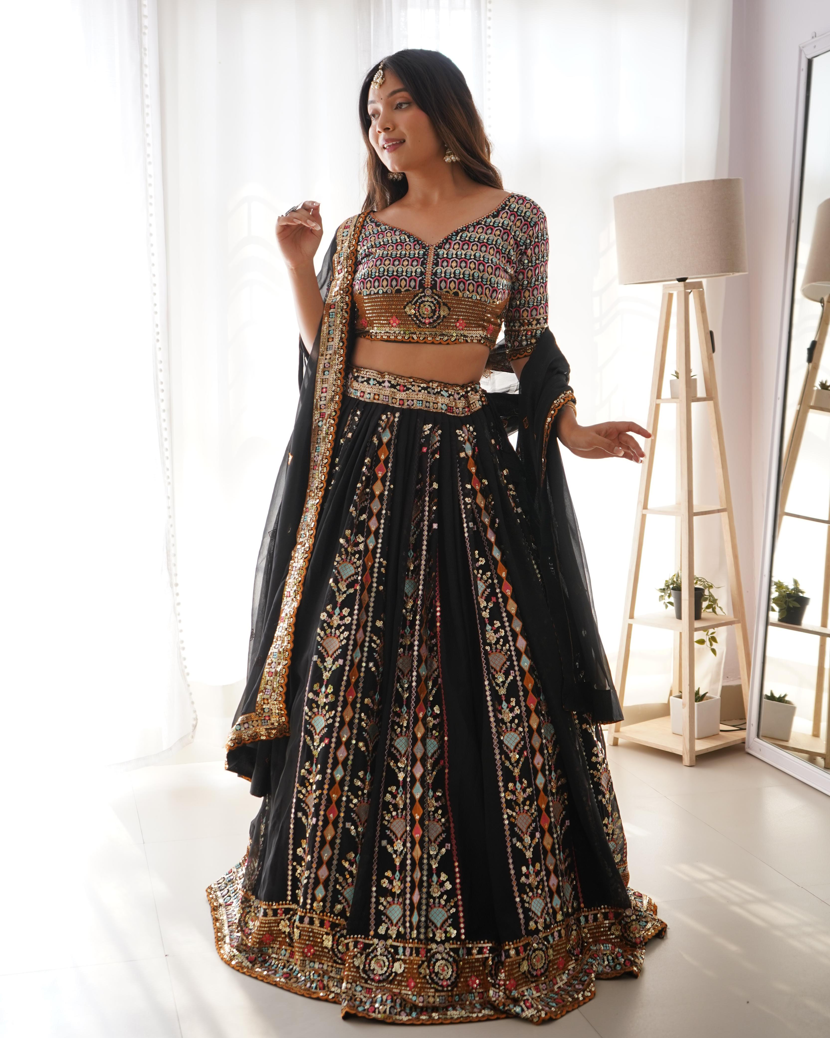 Black Faux Georgette Sequence Work Lehenga Choli With Dupatta