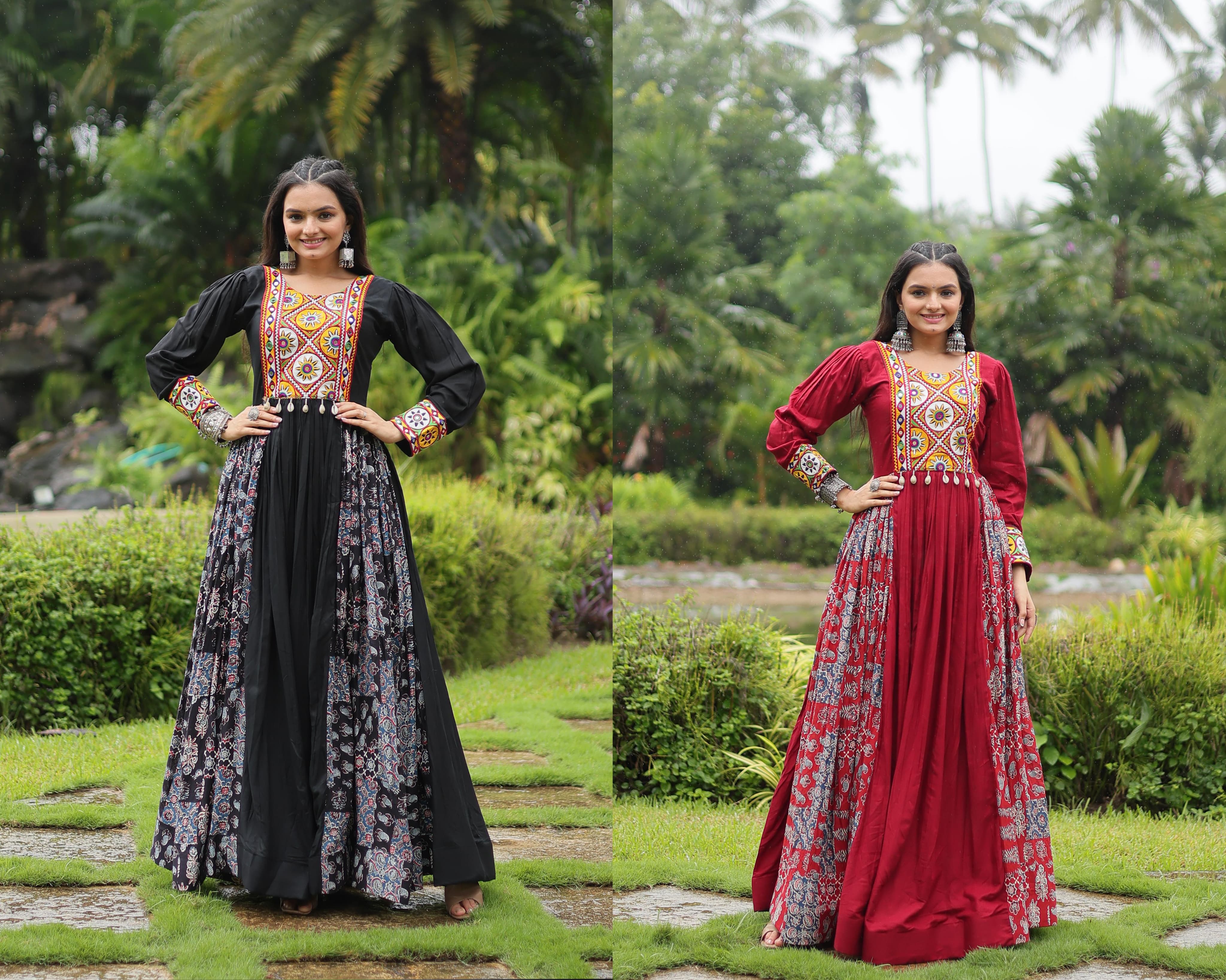 Black and Maroon Gown in Heavy Rayon with Kutchi Gamthi Work