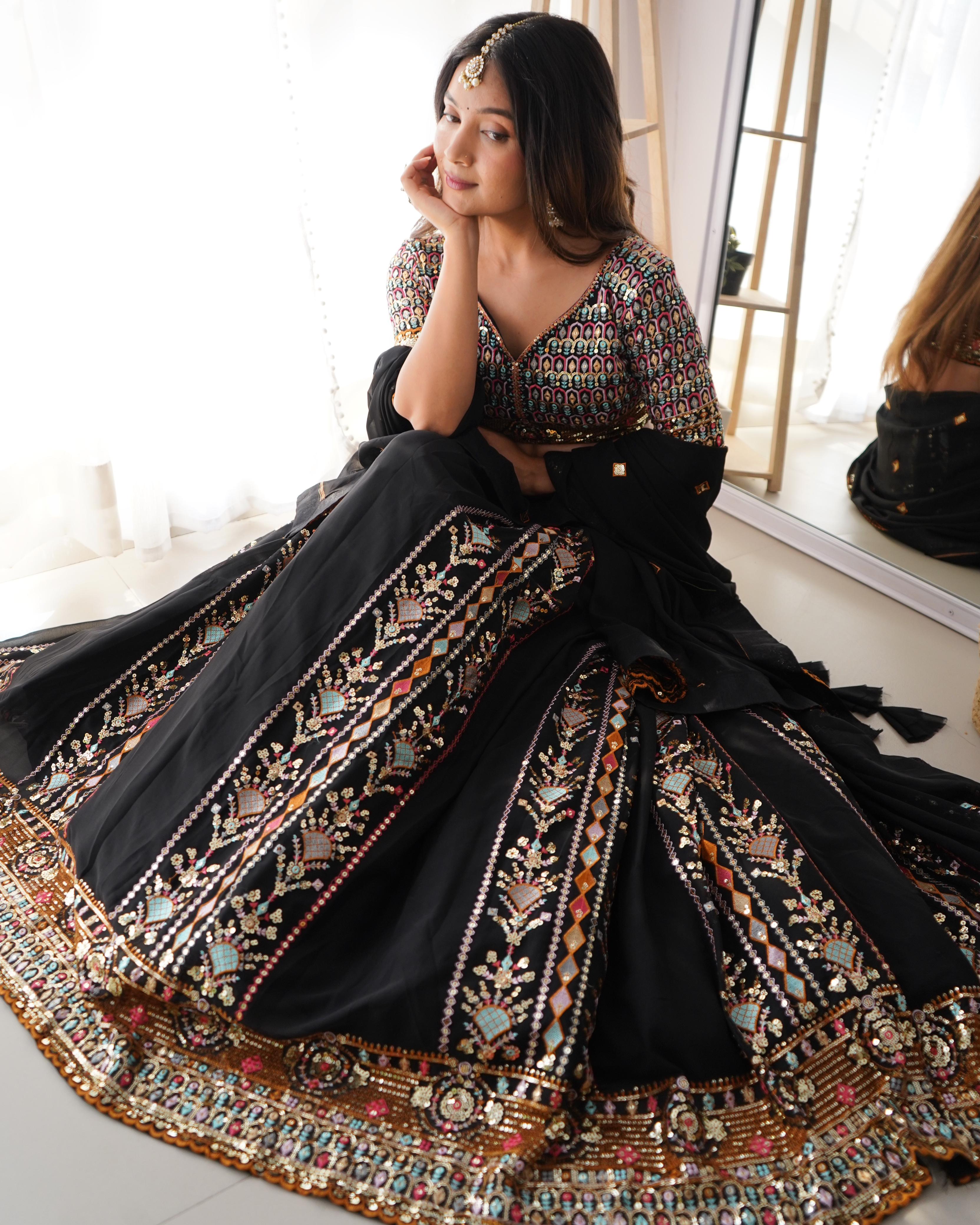 Black Faux Georgette Sequence Work Lehenga Choli With Dupatta