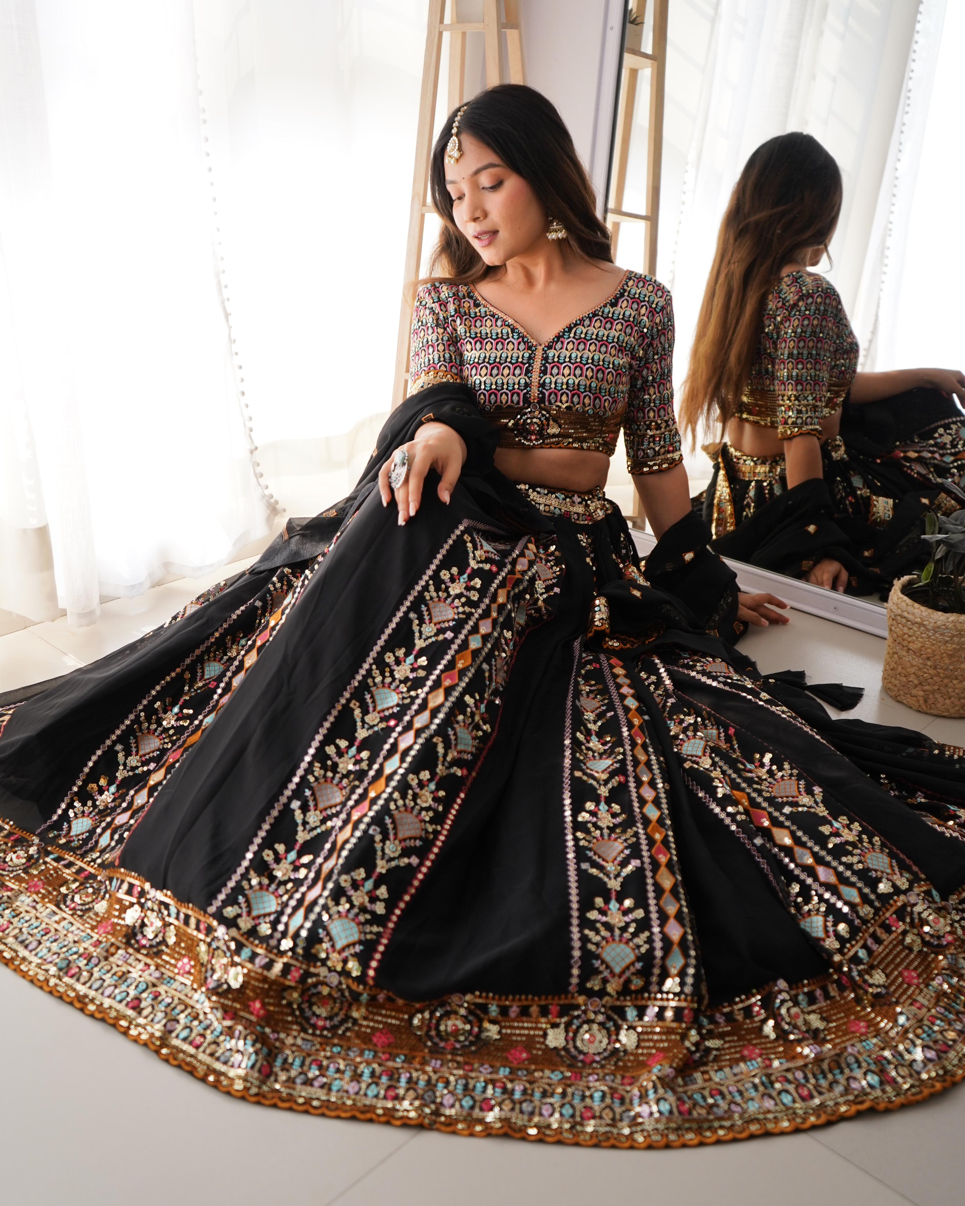 Black Faux Georgette Sequence Work Lehenga Choli With Dupatta