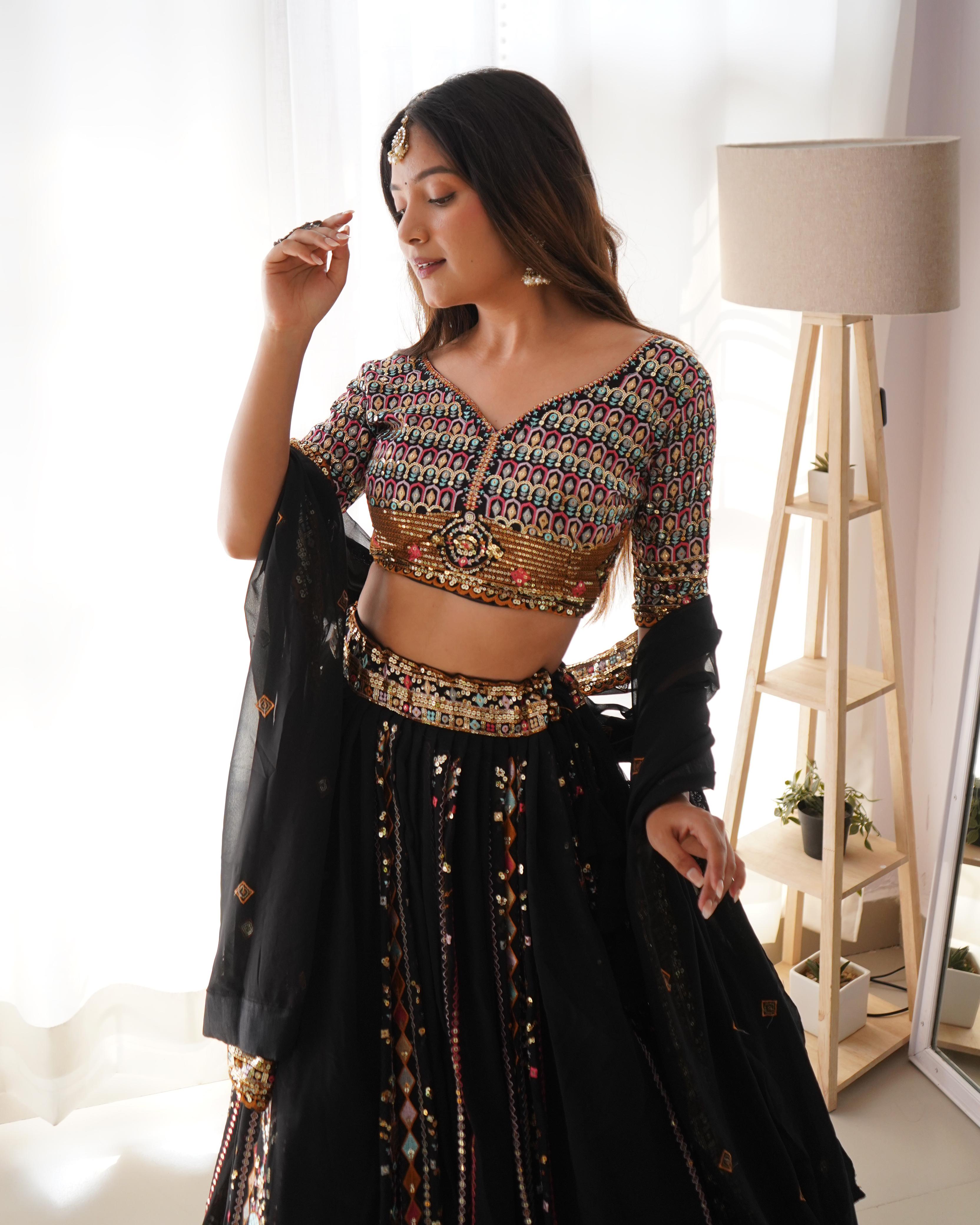 Black Faux Georgette Sequence Work Lehenga Choli With Dupatta