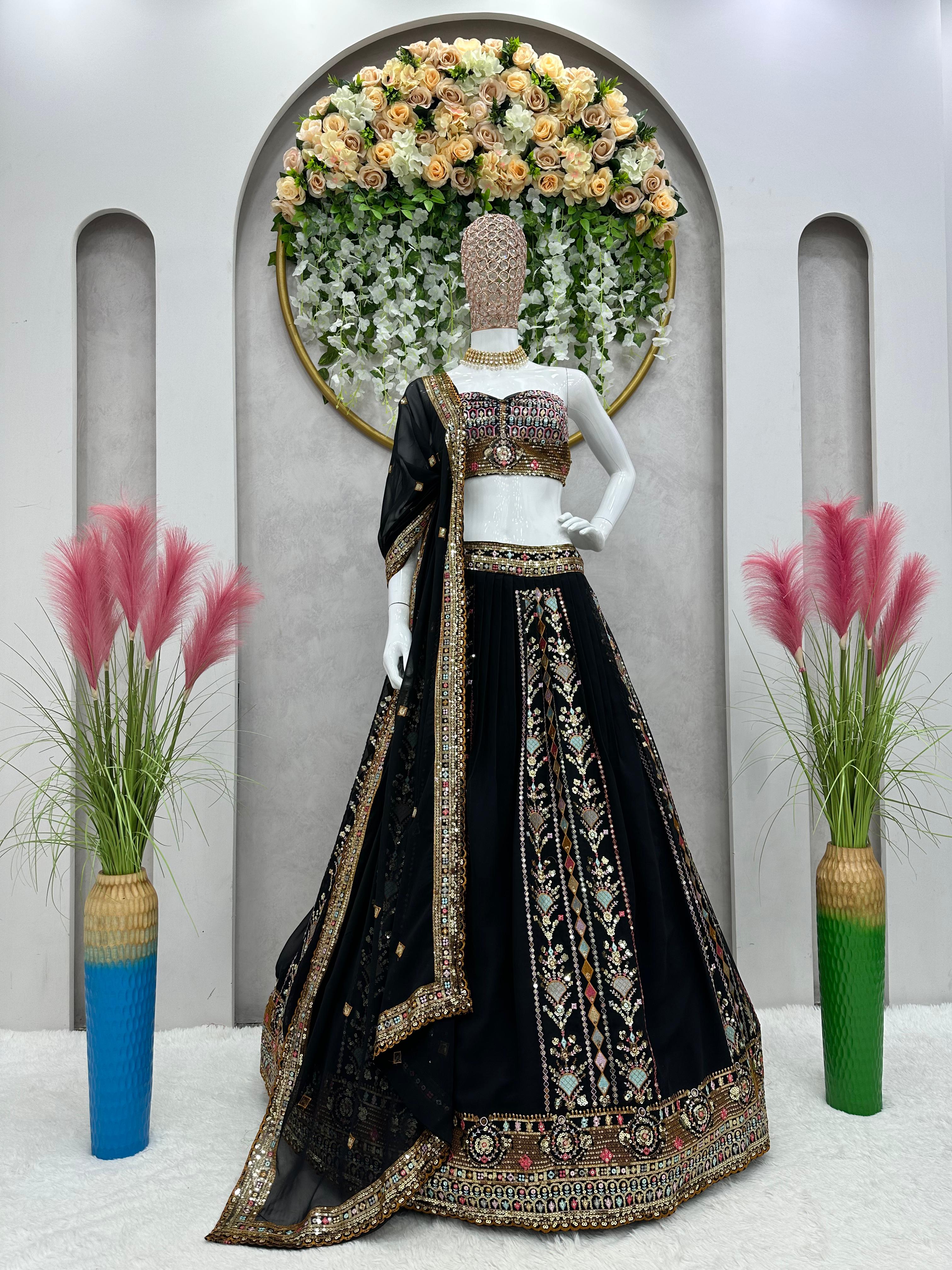 Black Faux Georgette Sequence Work Lehenga Choli With Dupatta