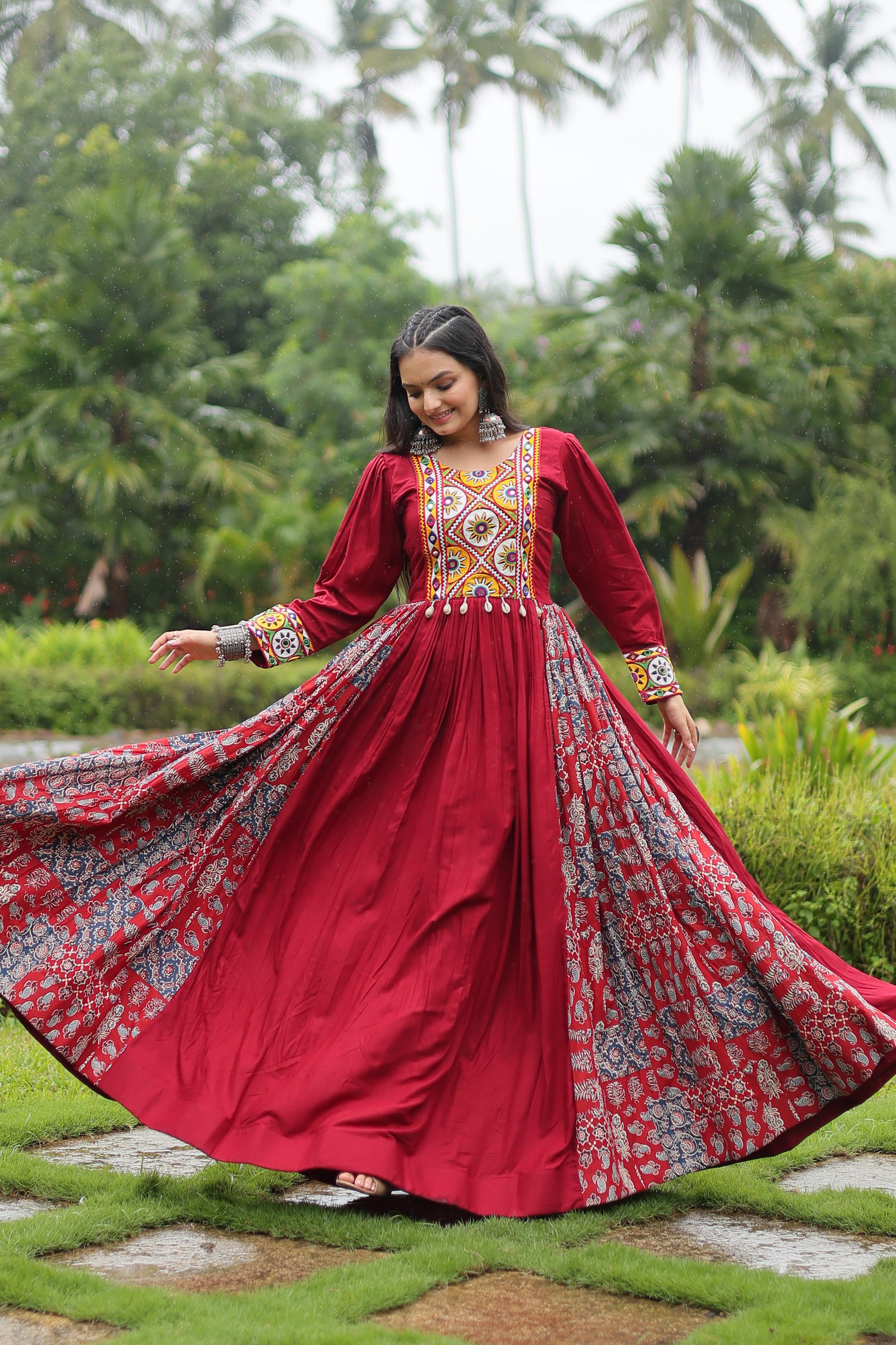 Black and Maroon Gown in Heavy Rayon with Kutchi Gamthi Work