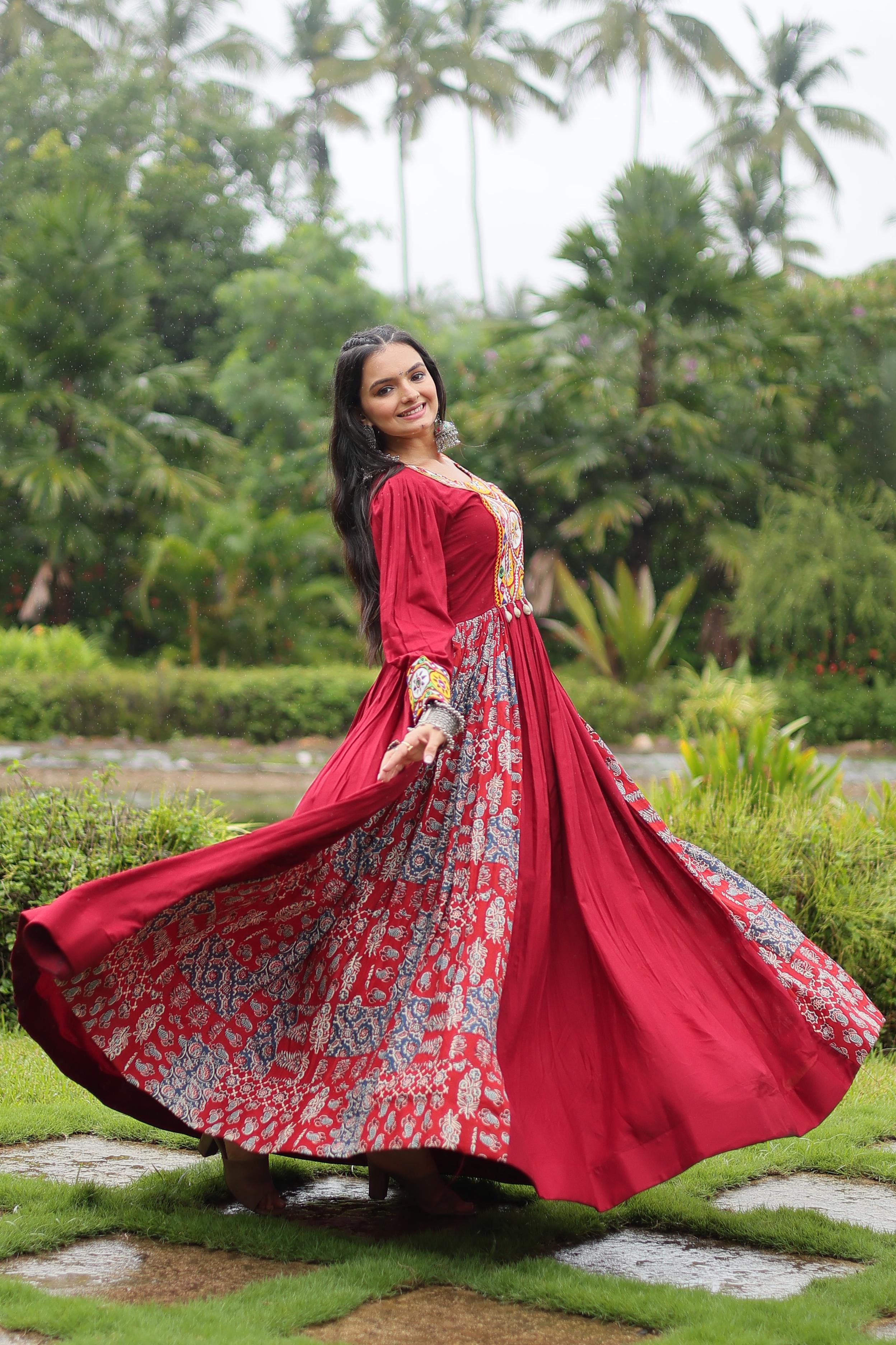 Black and Maroon Gown in Heavy Rayon with Kutchi Gamthi Work