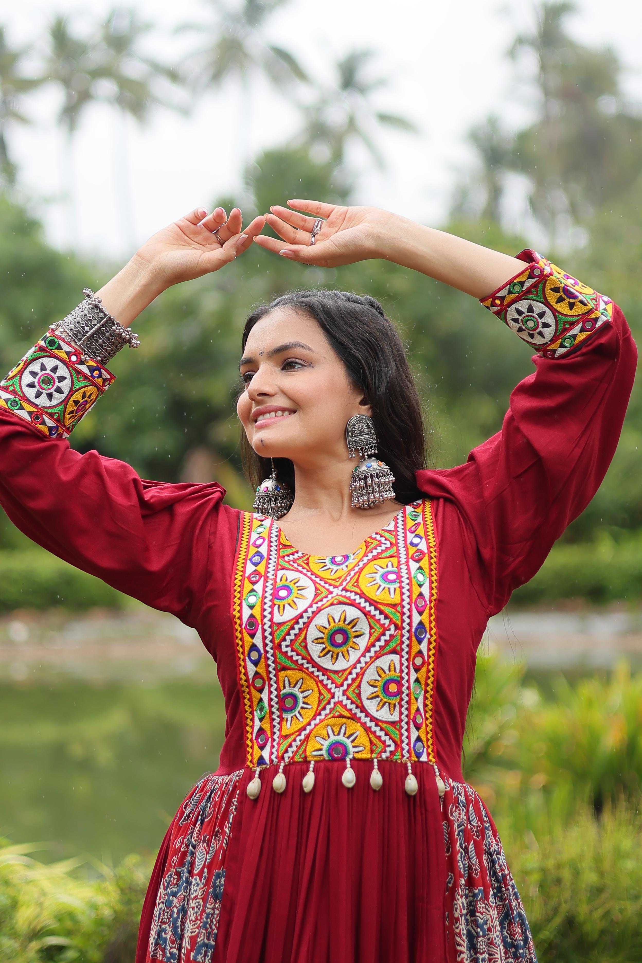 Black and Maroon Gown in Heavy Rayon with Kutchi Gamthi Work