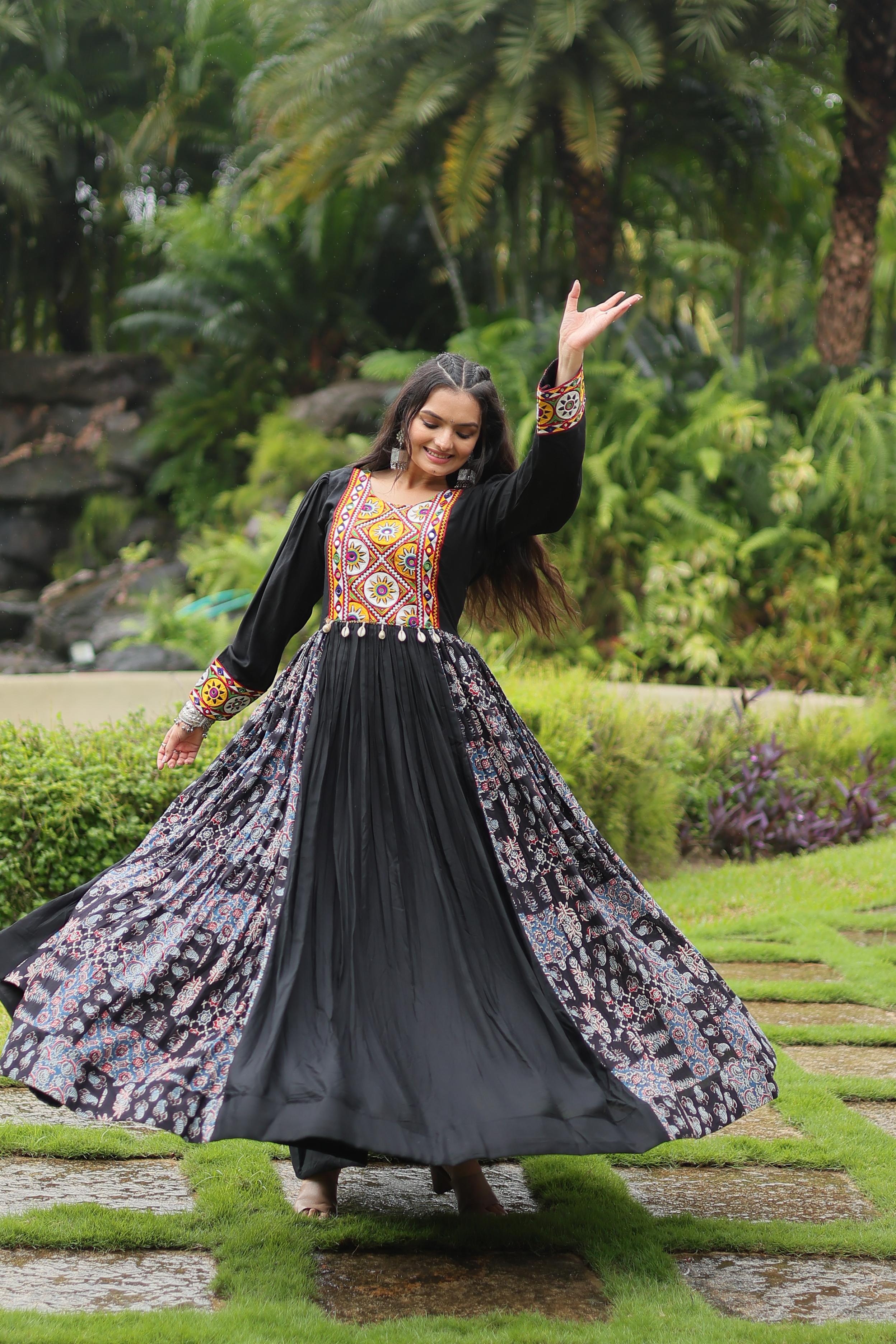 Black and Maroon Gown in Heavy Rayon with Kutchi Gamthi Work