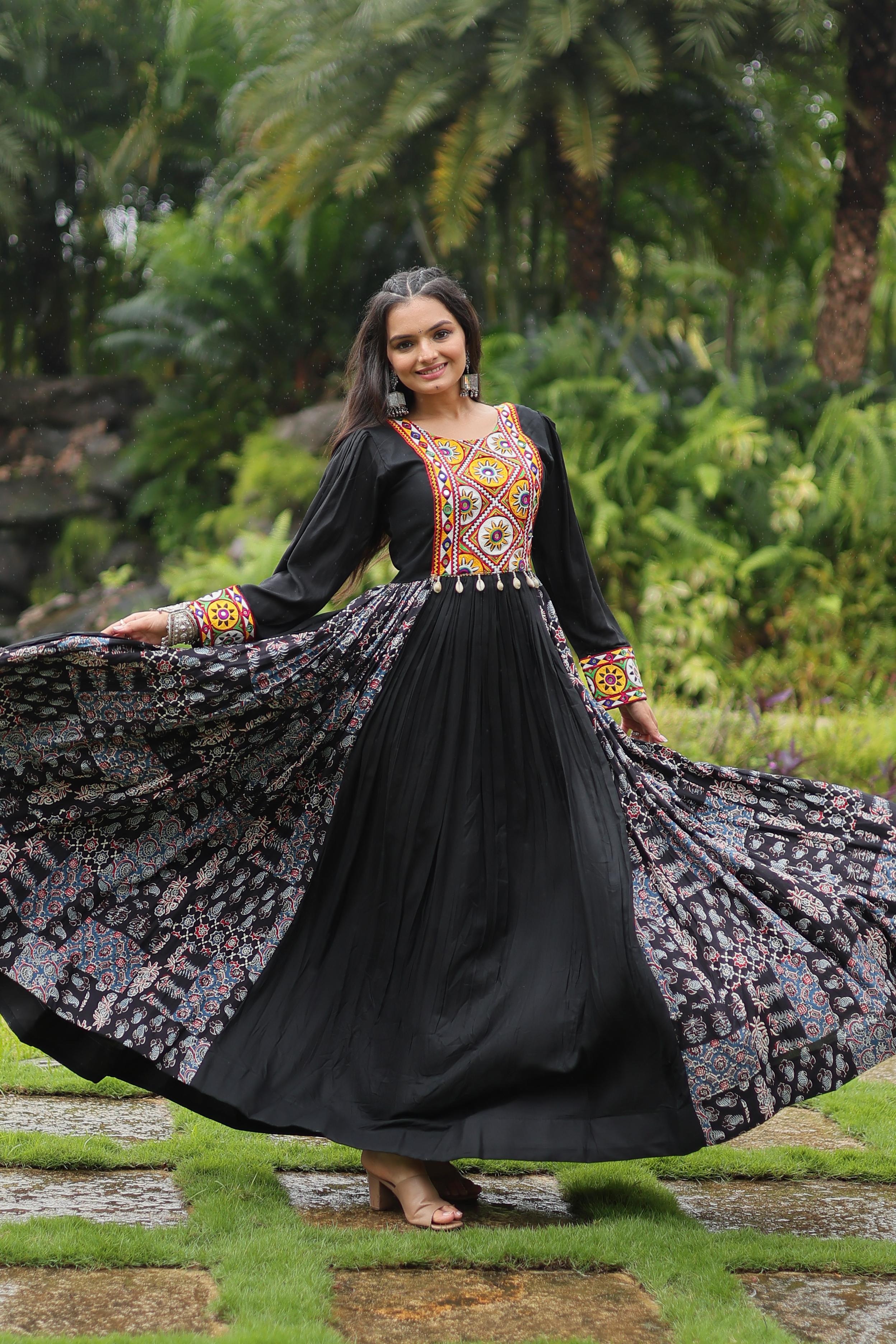 Black and Maroon Gown in Heavy Rayon with Kutchi Gamthi Work