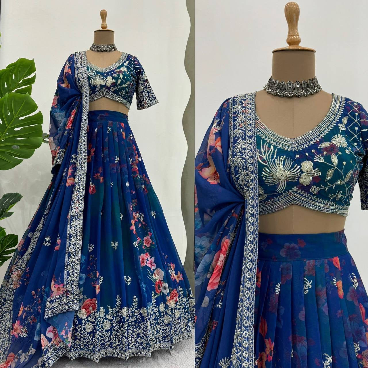 Faux Georgette Digital Print Lehenga Choli Set with Thread and Sequence Work