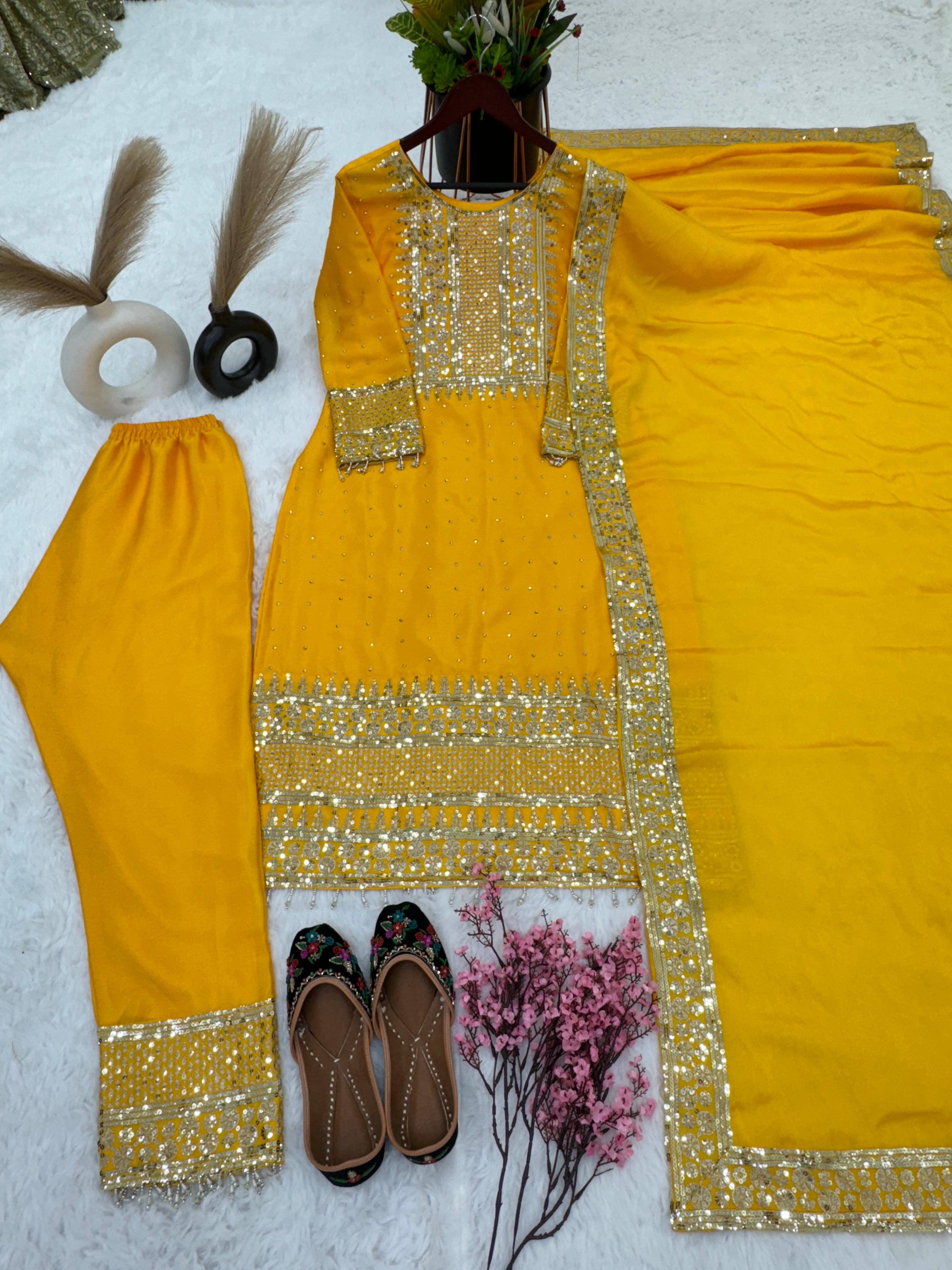 Heavy Chinon Silk Top-Bottom And Dupatta Set - Fully Stitched