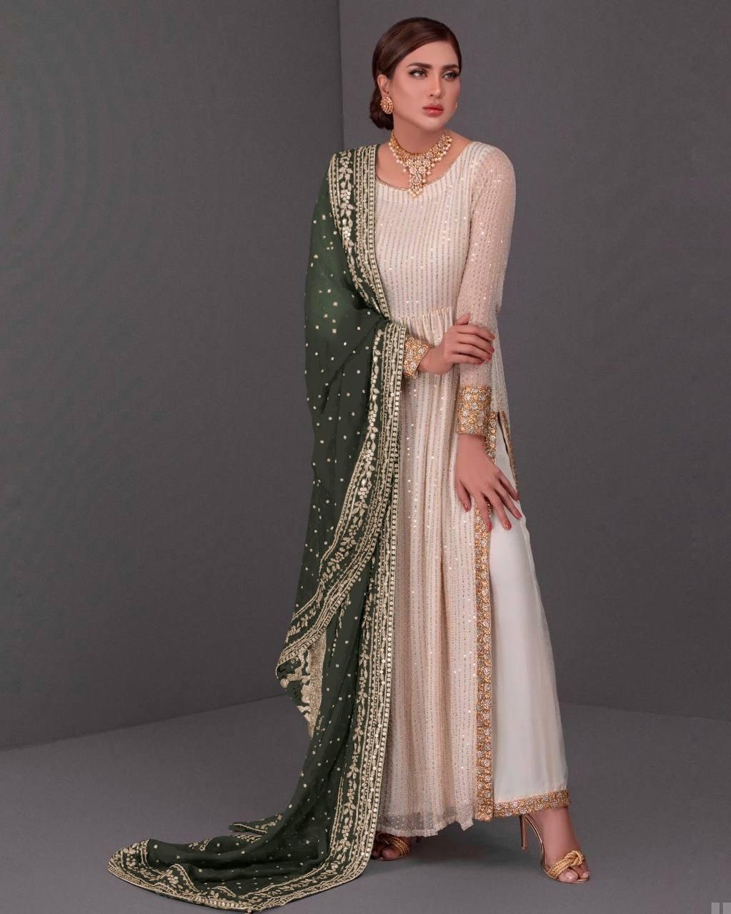 New Designe  Beautiful Embroidery And 5mm Sequins Work Nyra Cut Kurti - Plazzo With Dupatta