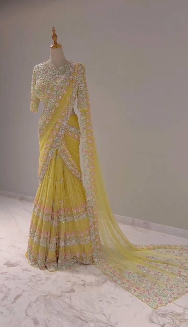 Soft Net Saree with Thread, Sequins, and Pearl Work