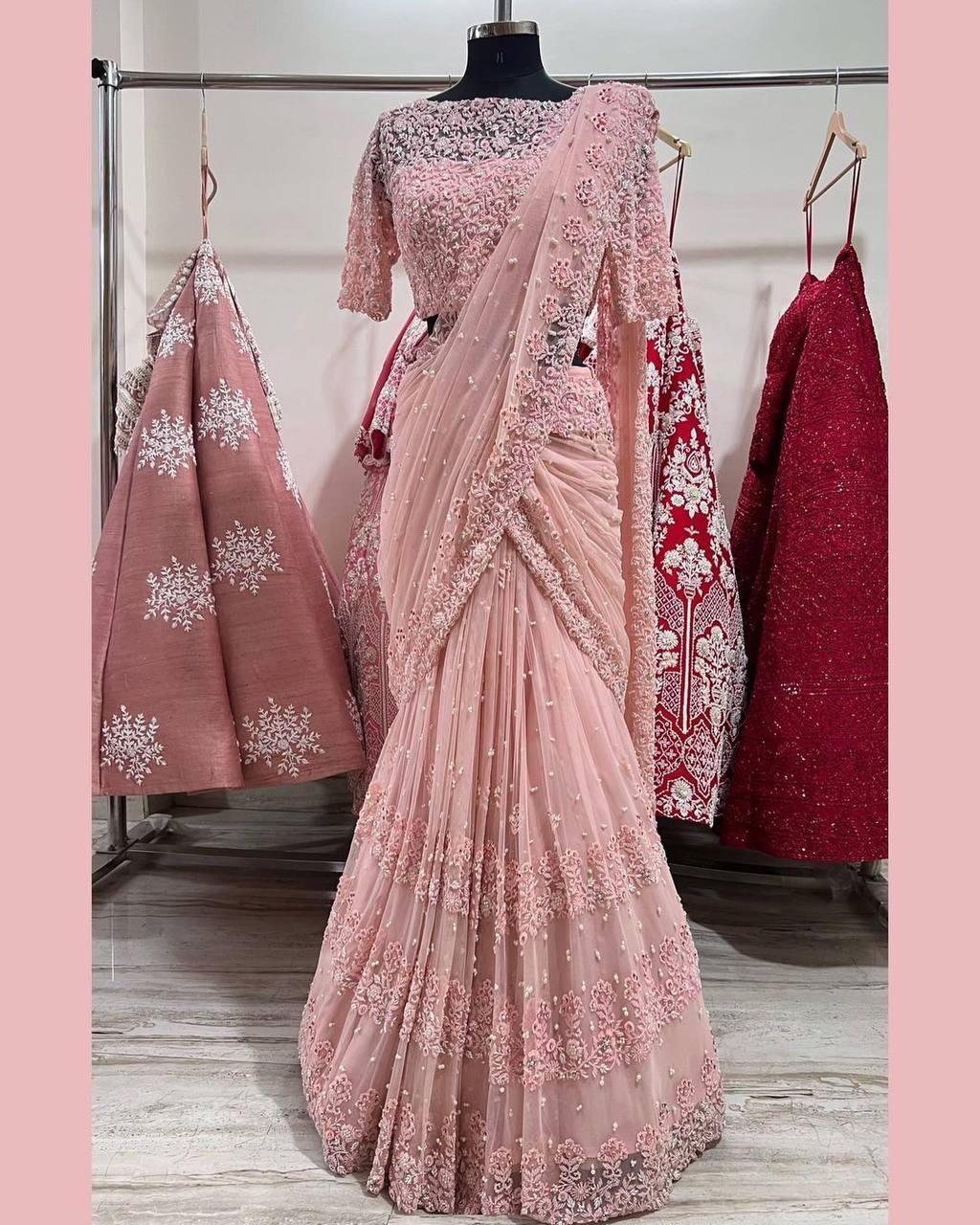 Soft Net Saree with Thread, Sequins, and Pearl Work