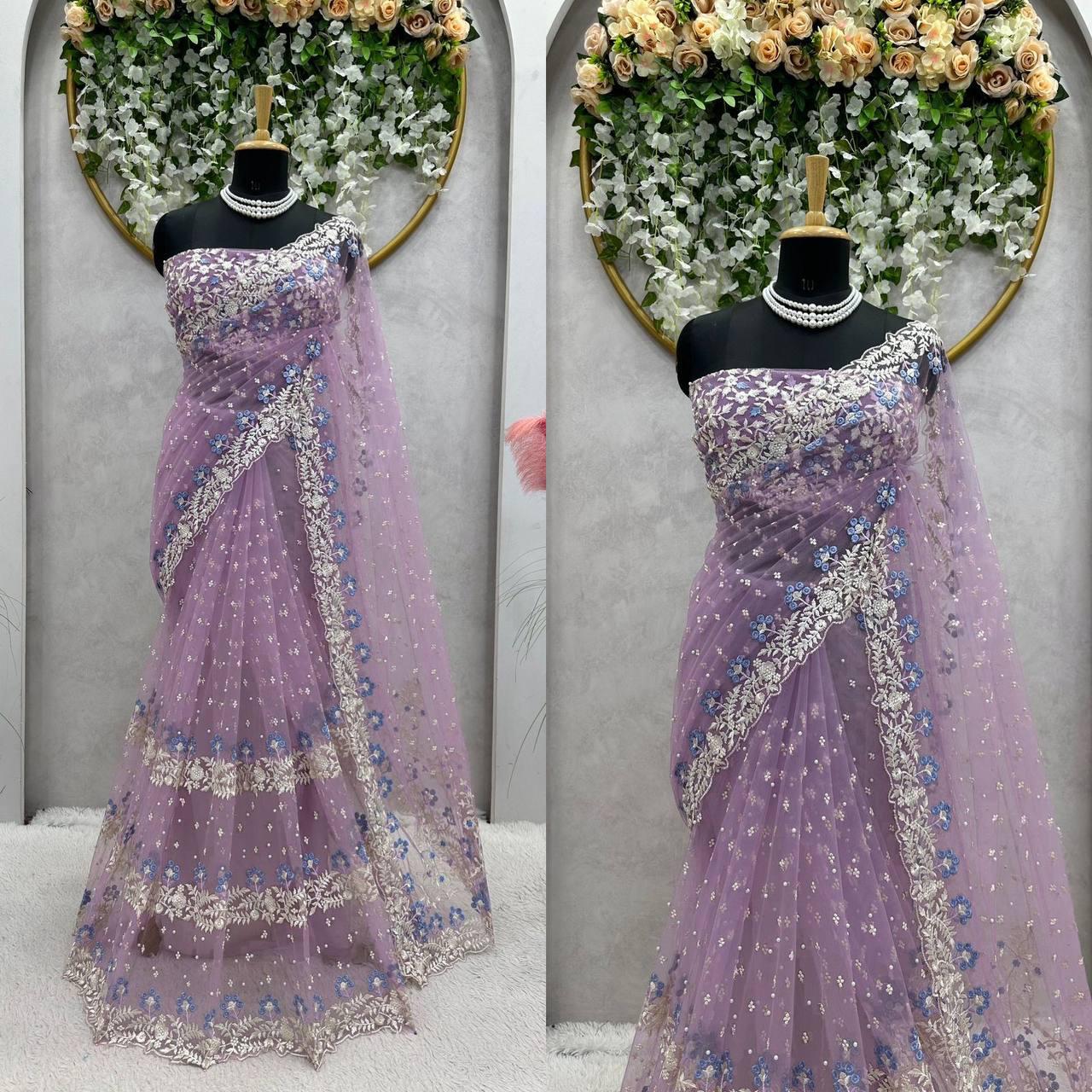 Soft Net Saree with Thread, Sequins, and Pearl Work