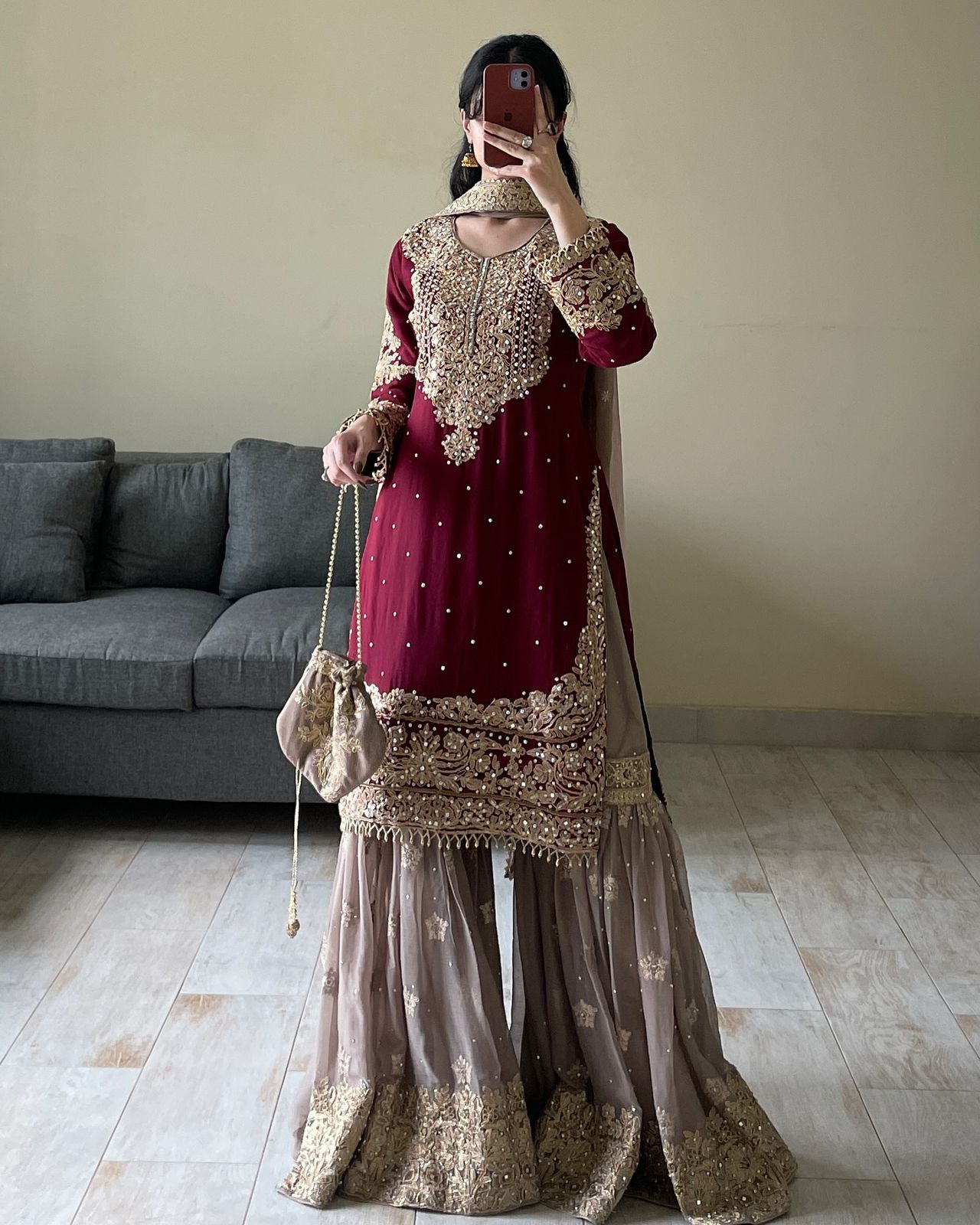 Designer Faux Georgette Suit with Sharara & Dupatta - Stunning Sequins, Pearl & Lace Detailing