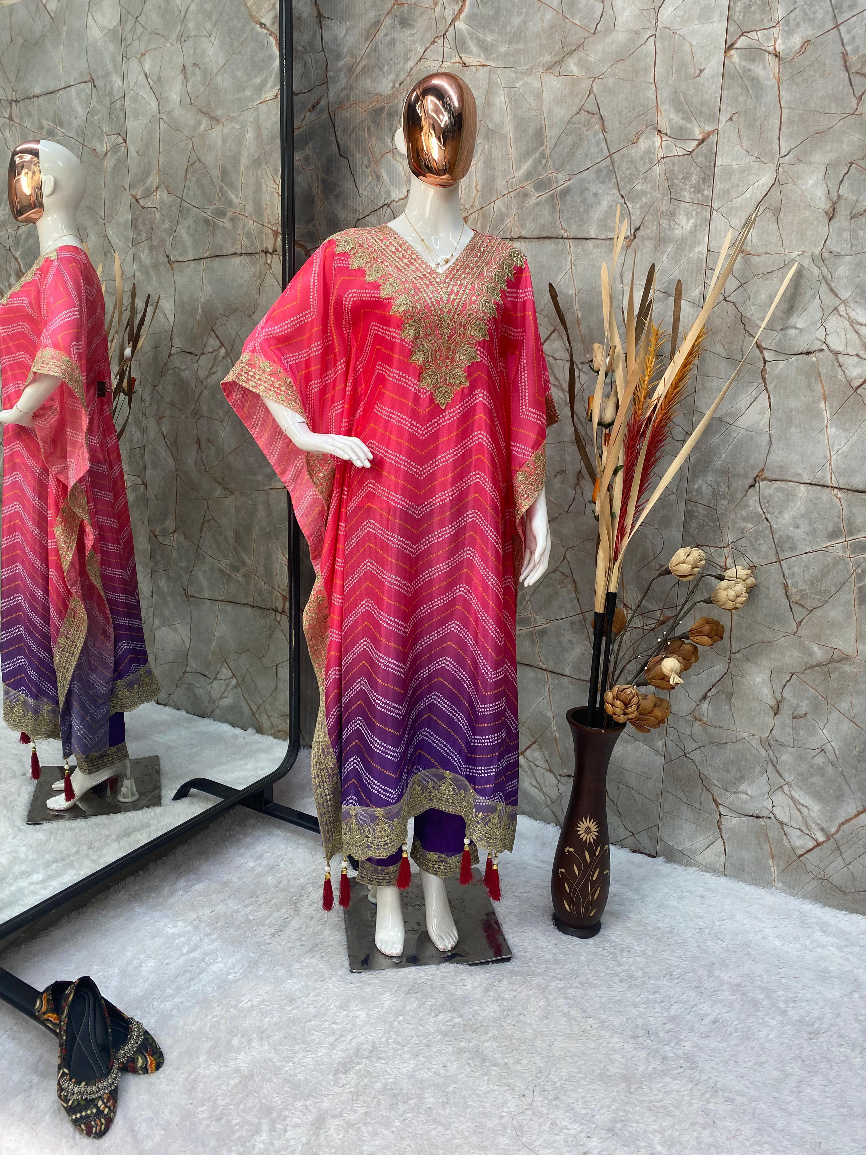 Bandhani Print Chinon Kaftan with Sequence Embroidery work and Pant Set