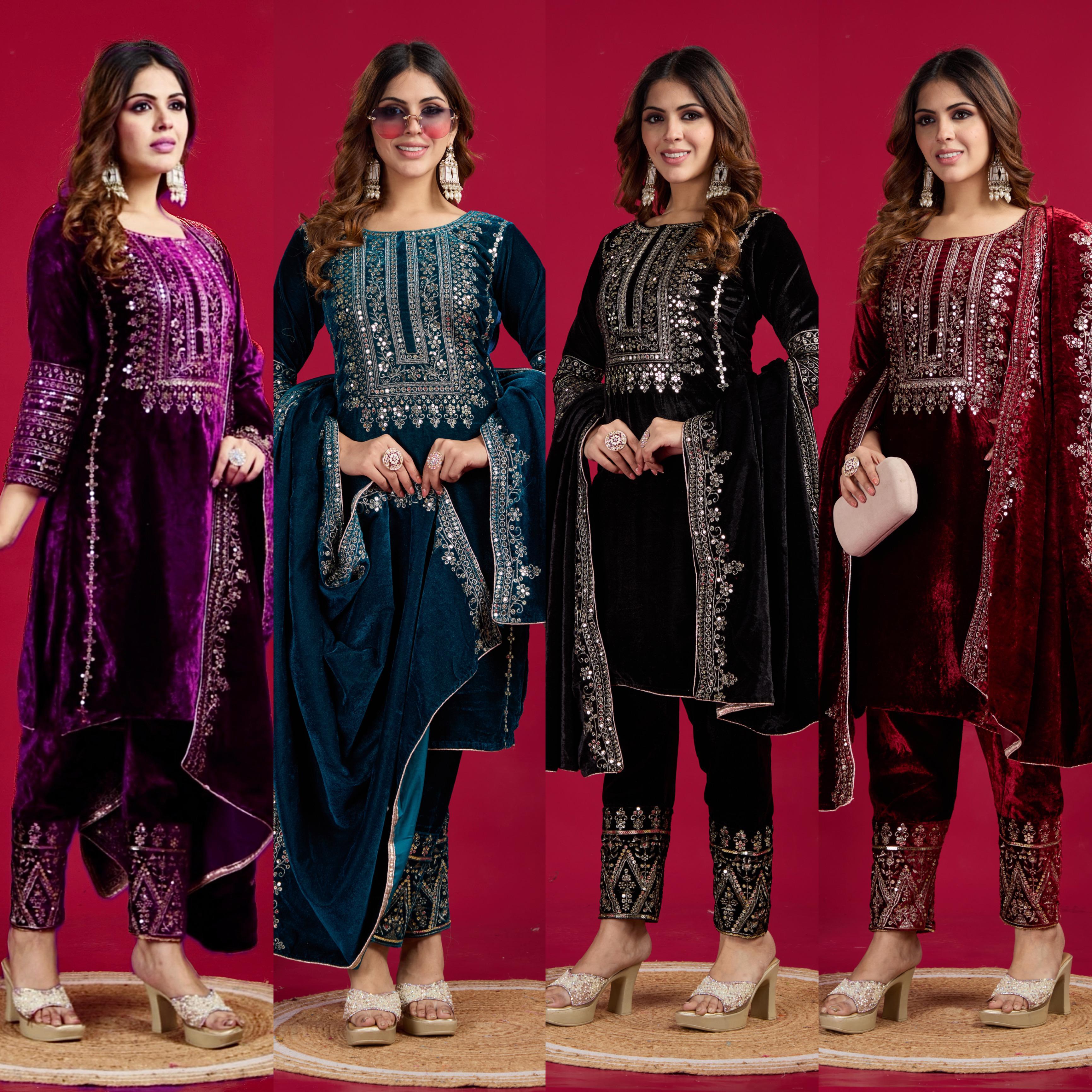 Designer Velvet Top & Palazzo with Embroidery Sequence Work and velvet Dupatta