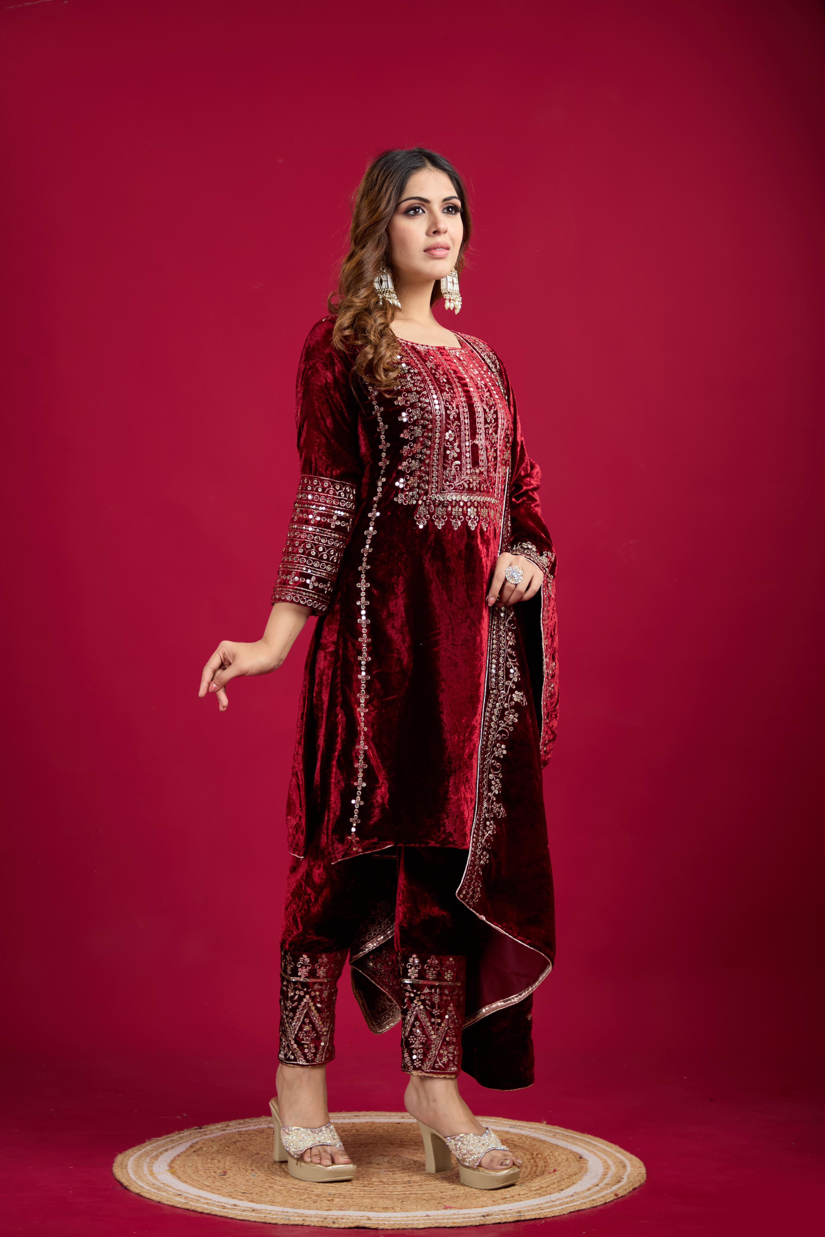 Designer Velvet Top & Palazzo with Embroidery Sequence Work and velvet Dupatta