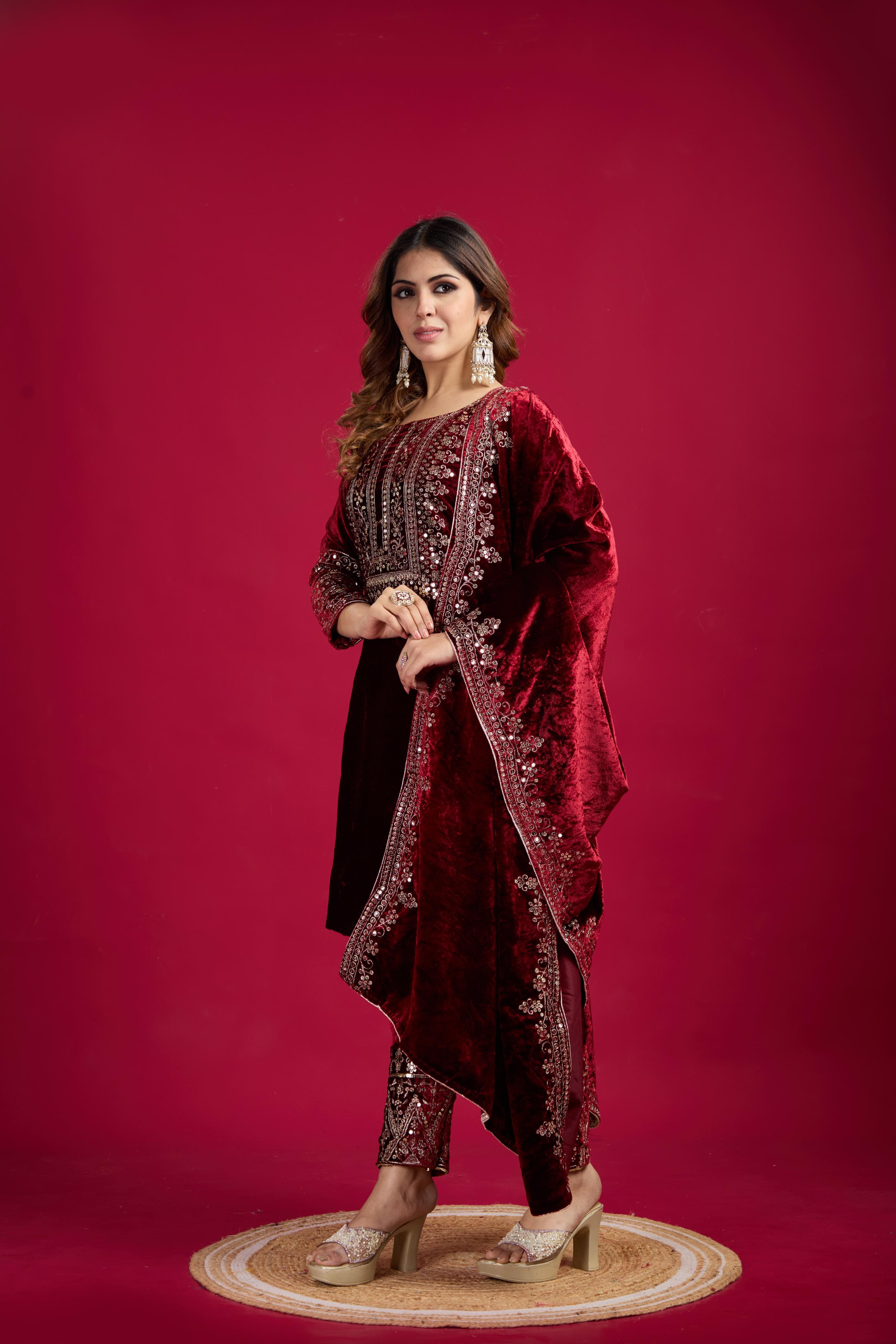 Designer Velvet Top & Palazzo with Embroidery Sequence Work and velvet Dupatta