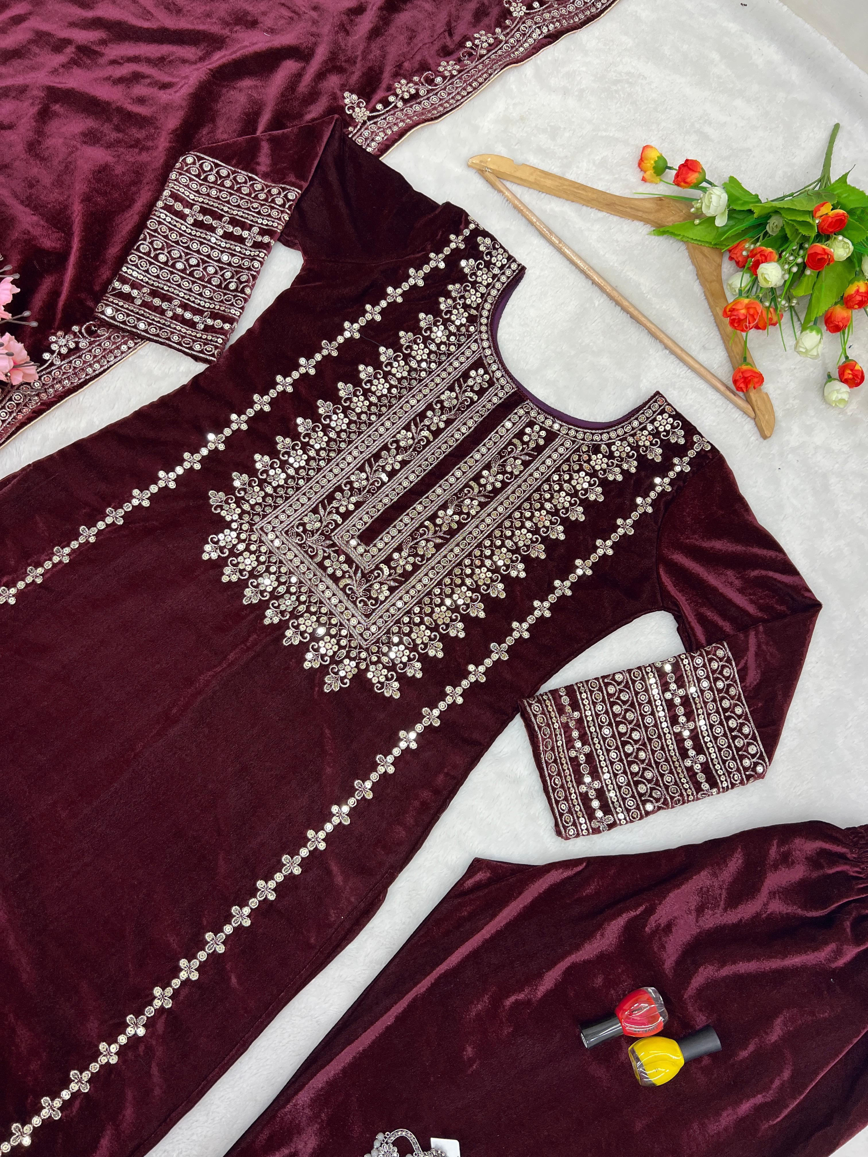 Designer Velvet Top & Palazzo with Embroidery Sequence Work and velvet Dupatta