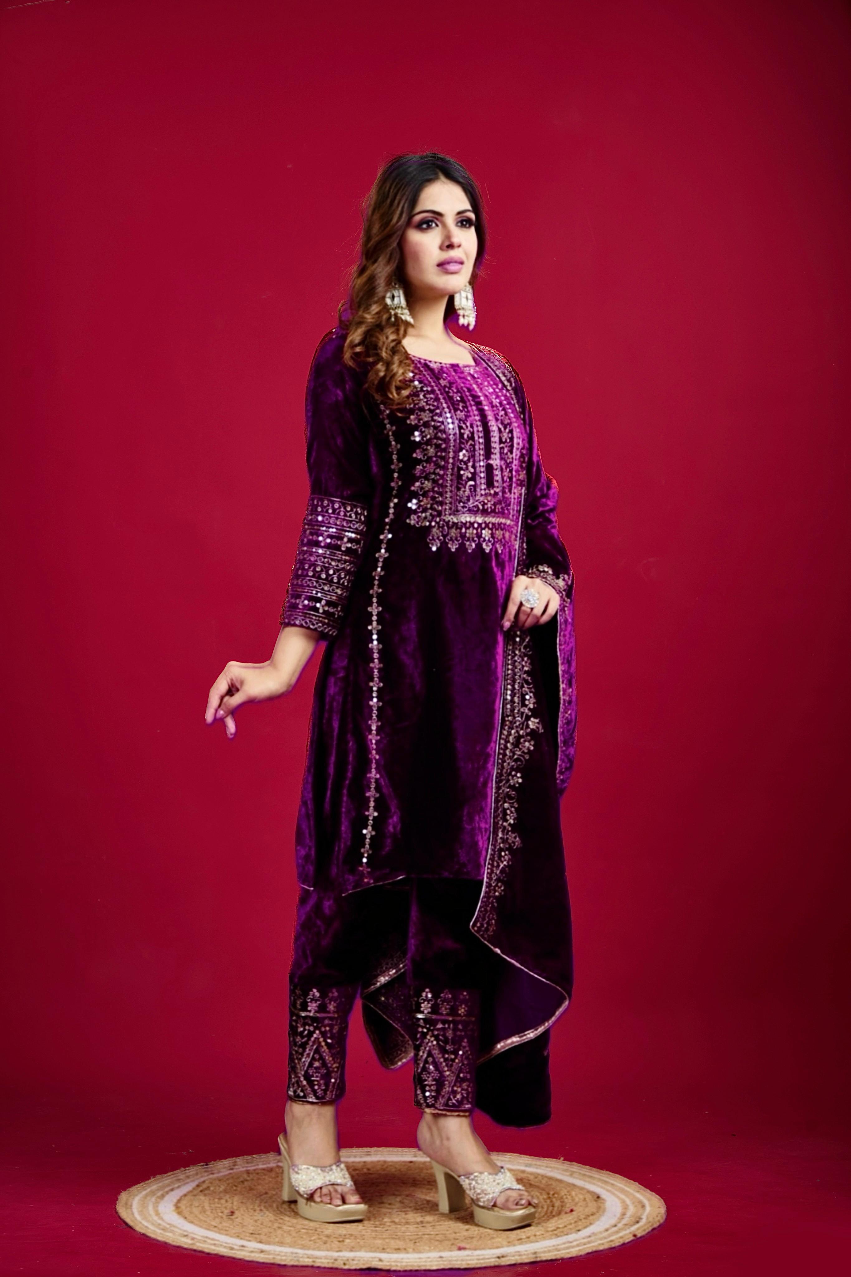 Designer Velvet Top & Palazzo with Embroidery Sequence Work and velvet Dupatta