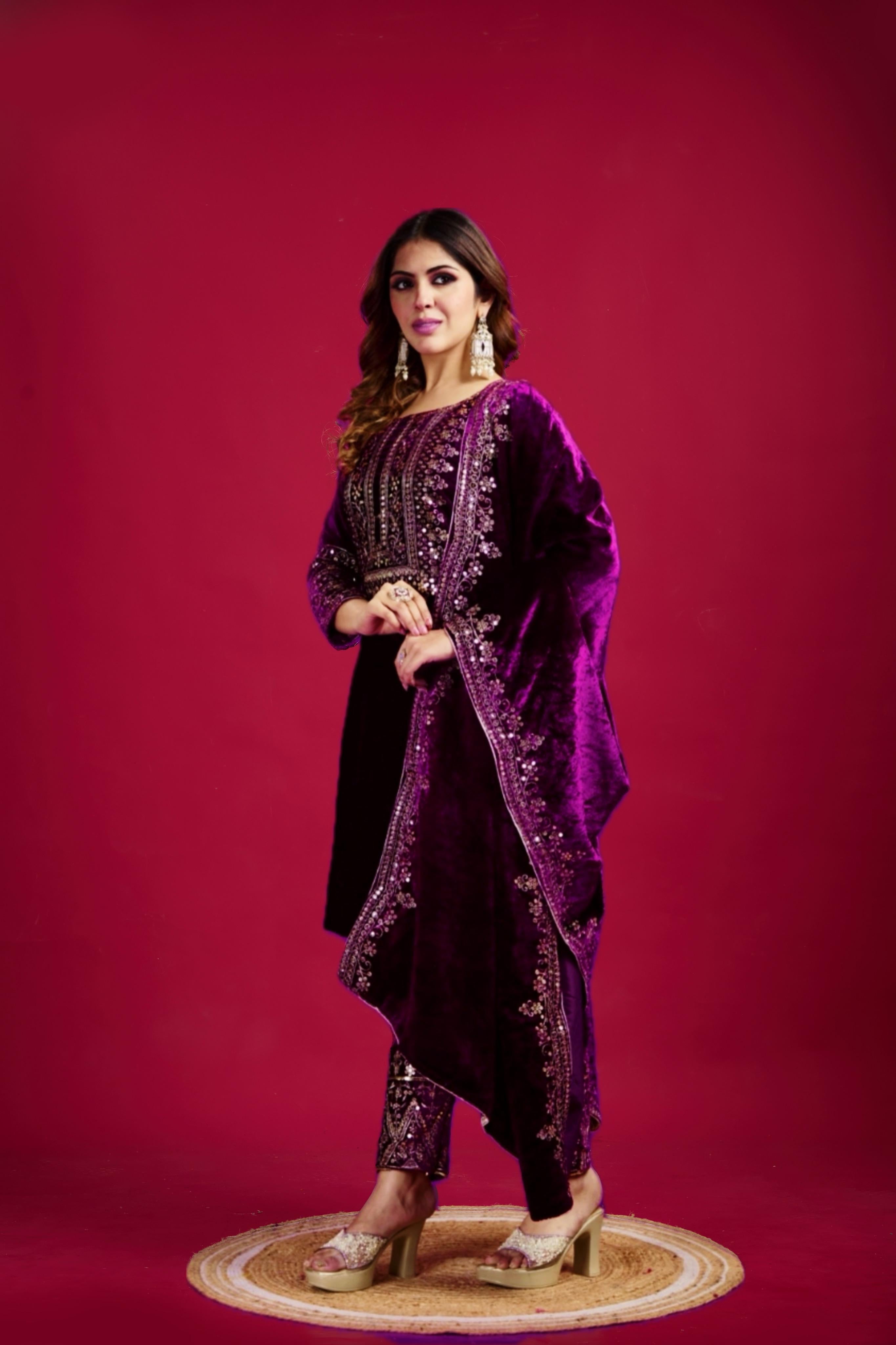 Designer Velvet Top & Palazzo with Embroidery Sequence Work and velvet Dupatta