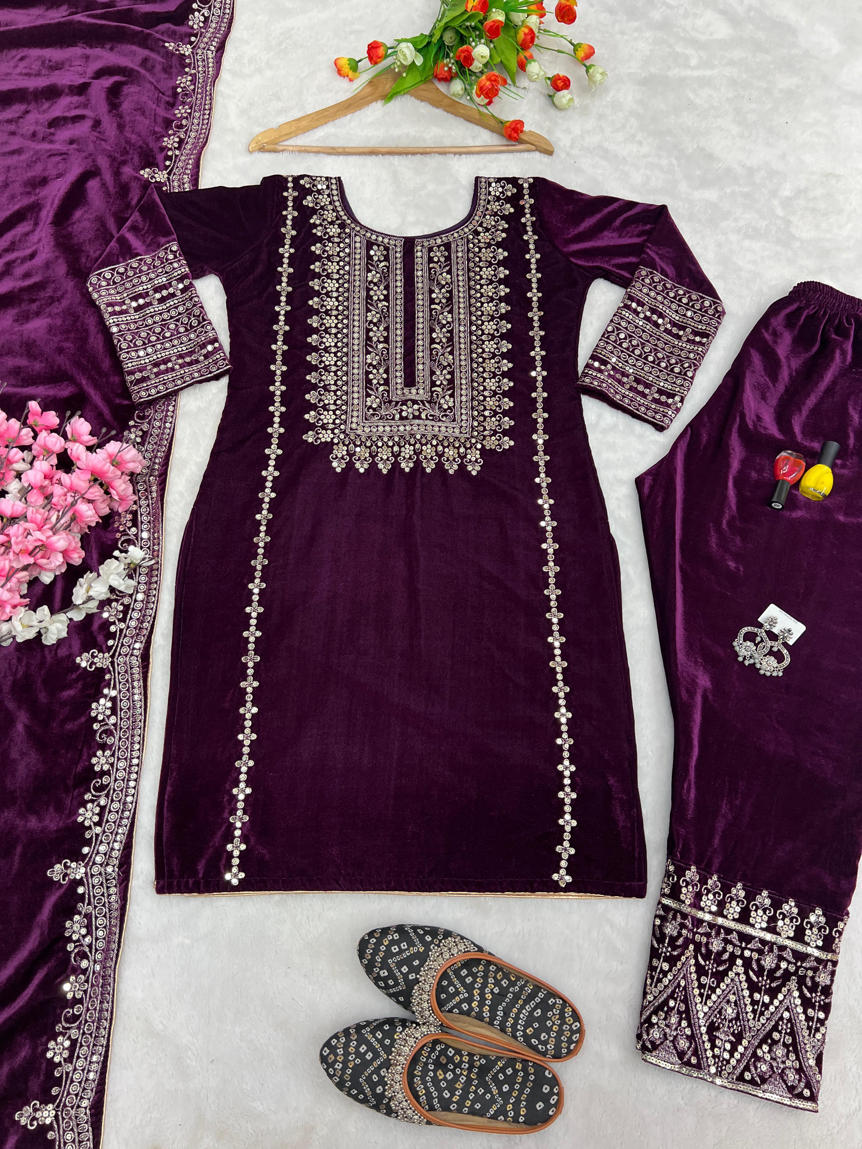 Designer Velvet Top & Palazzo with Embroidery Sequence Work and velvet Dupatta