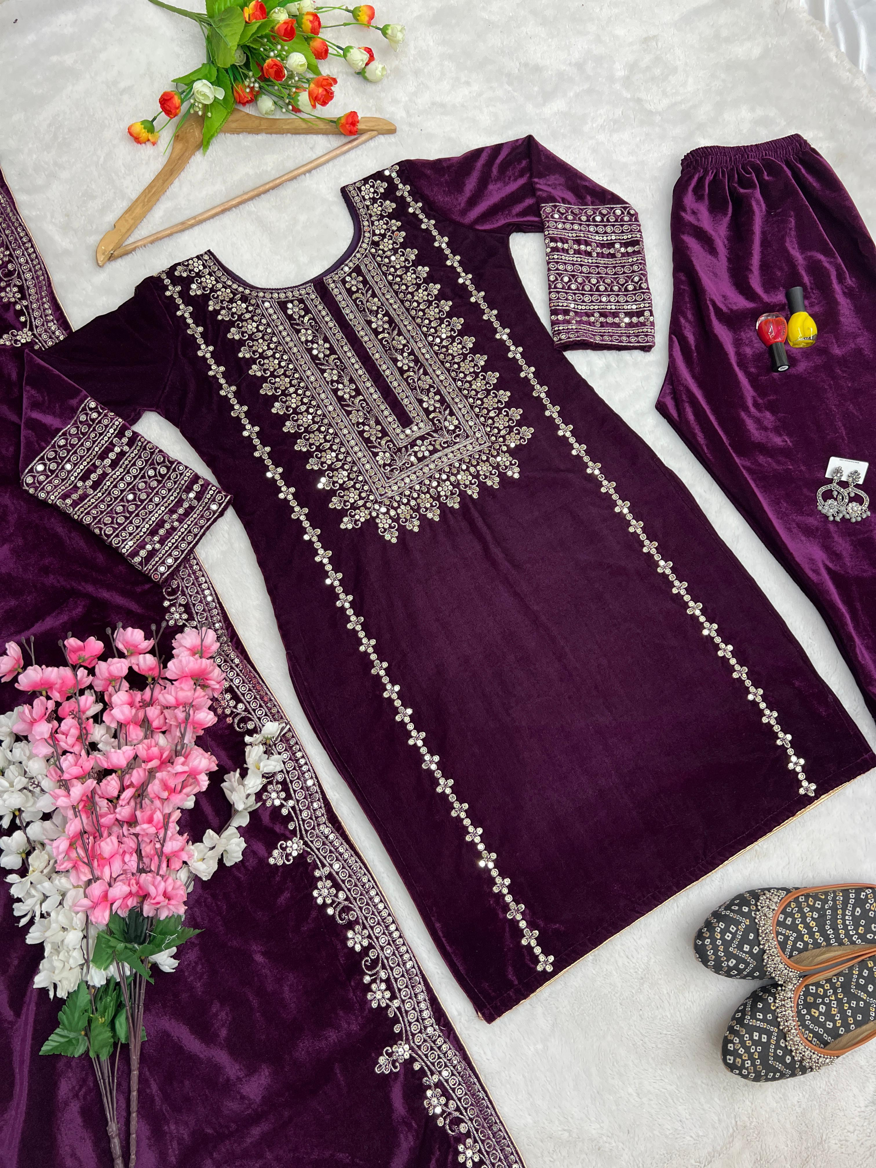 Designer Velvet Top & Palazzo with Embroidery Sequence Work and velvet Dupatta