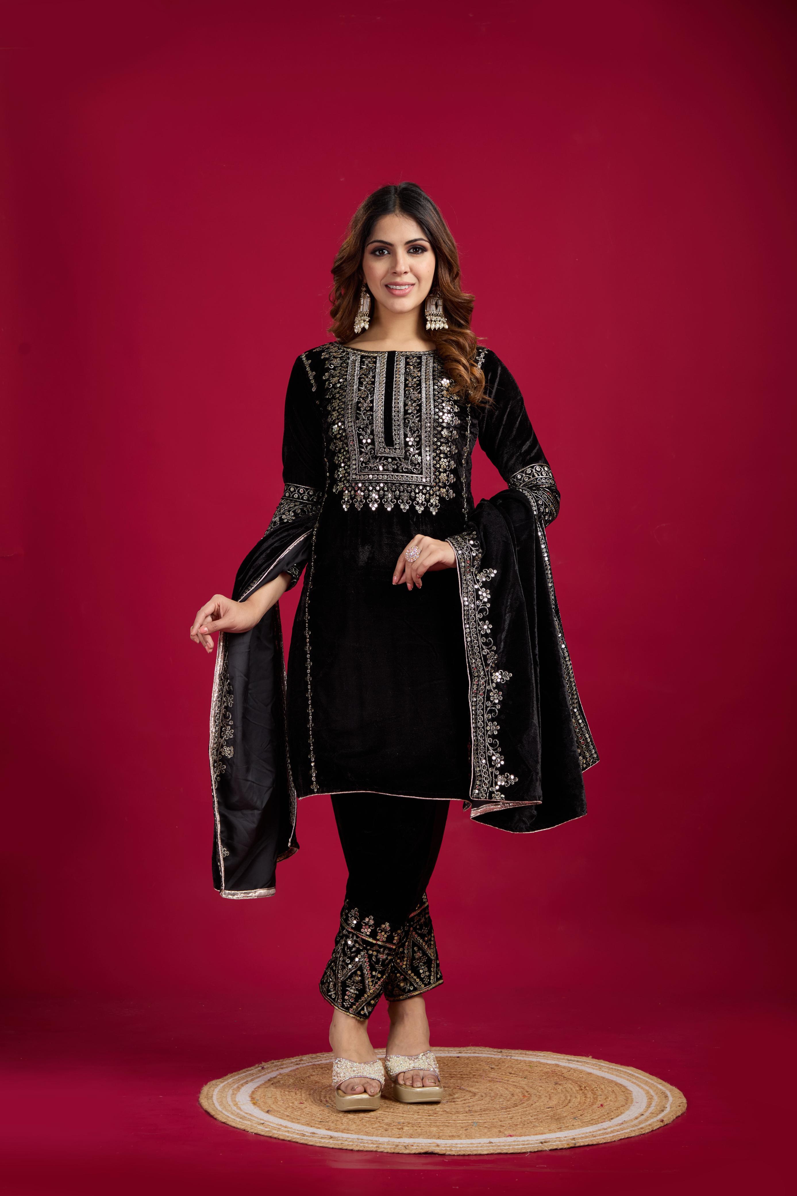 Designer Velvet Top & Palazzo with Embroidery Sequence Work and velvet Dupatta