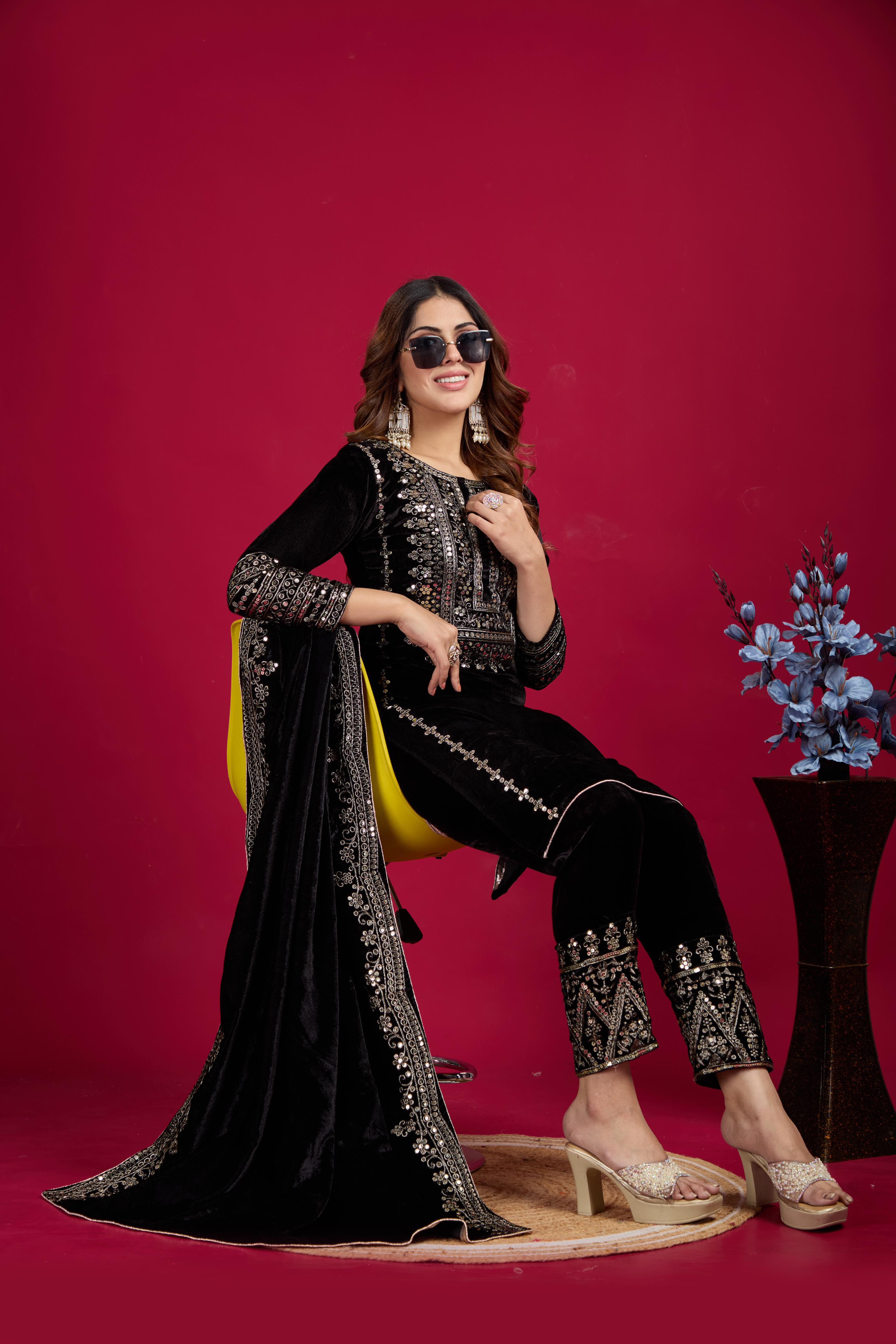 Designer Velvet Top & Palazzo with Embroidery Sequence Work and velvet Dupatta