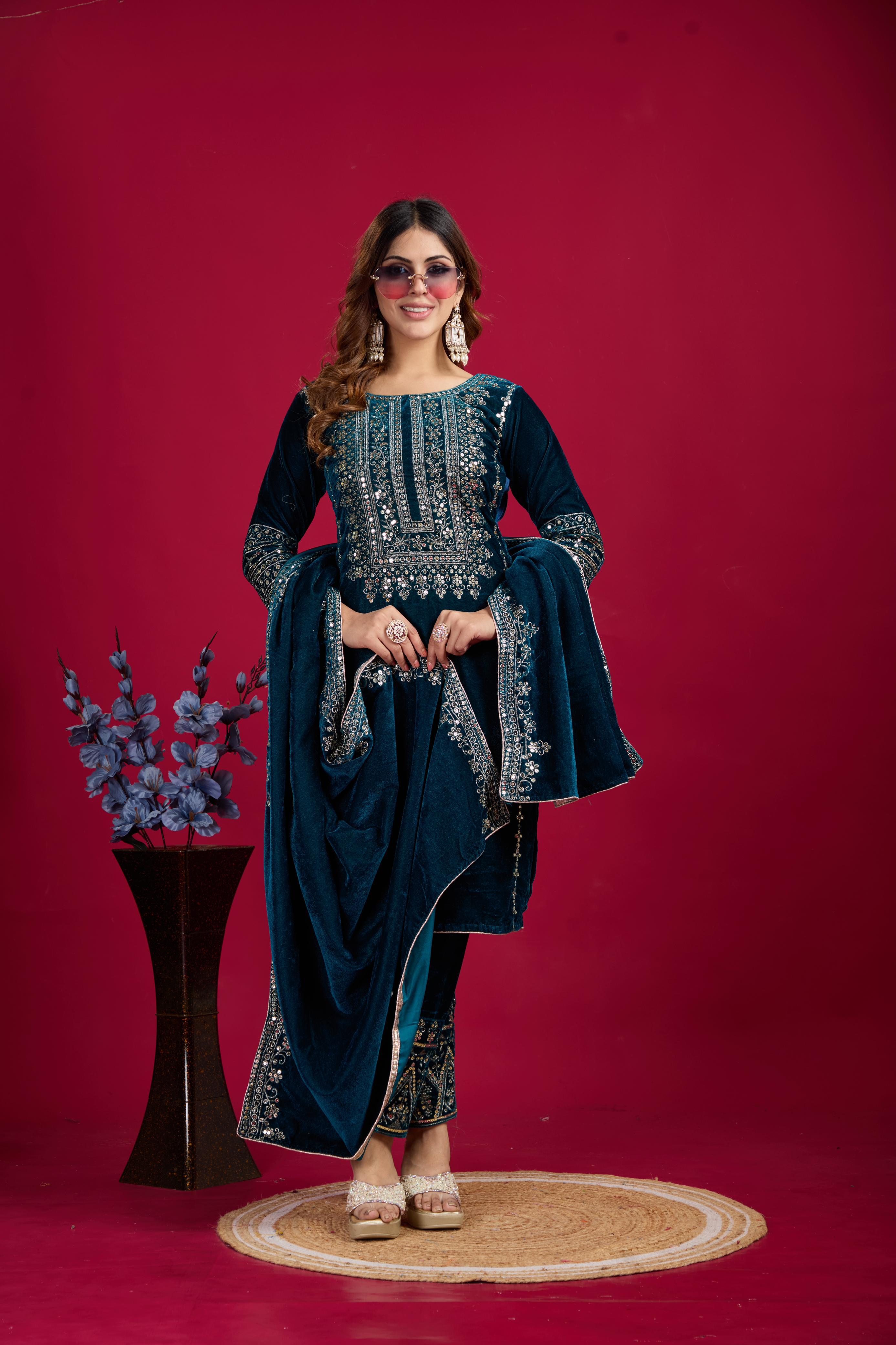 Designer Velvet Top & Palazzo with Embroidery Sequence Work and velvet Dupatta