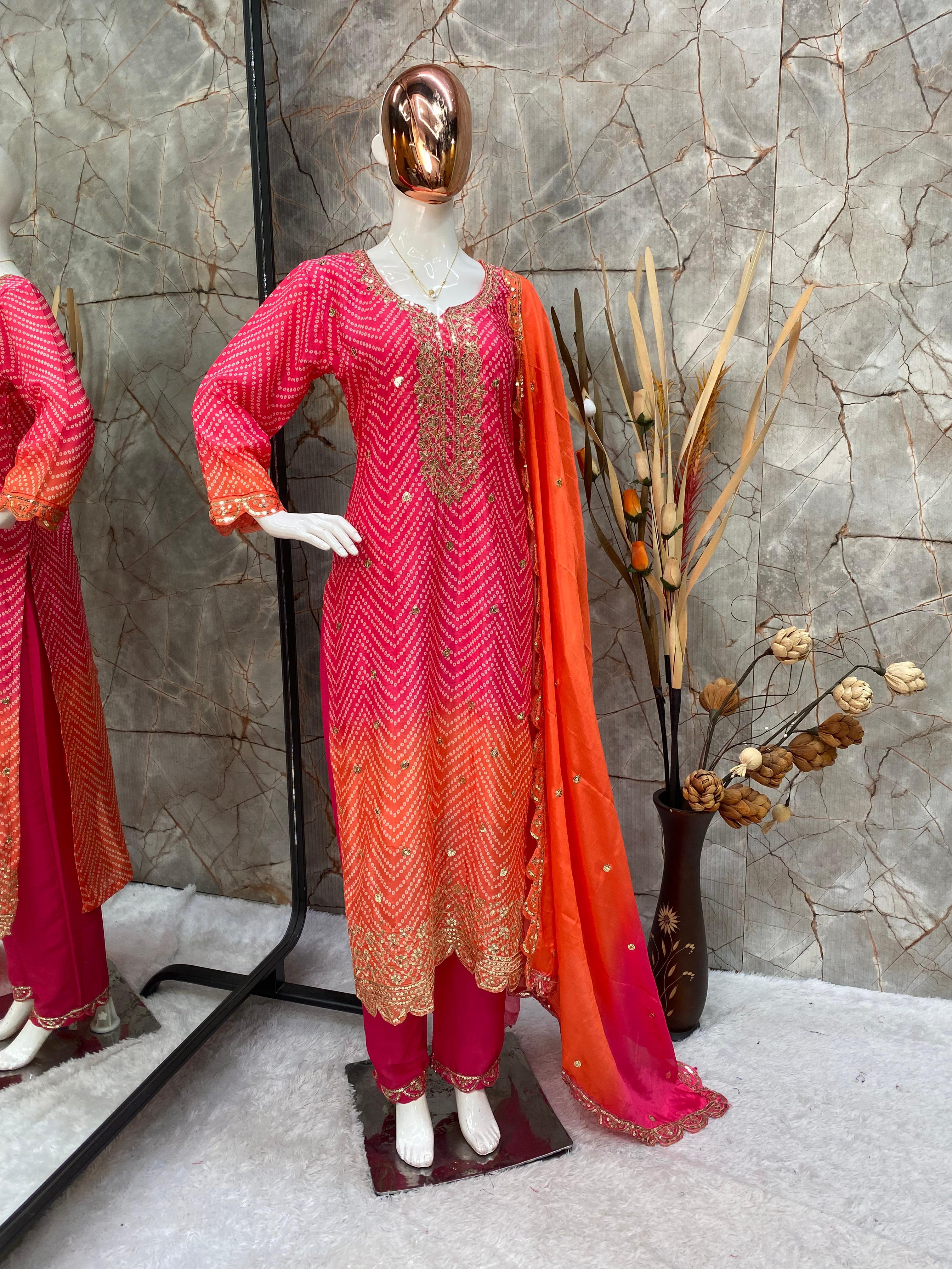 Pure Chinon Silk Printed and Sequin Embroidery Work Top and Pant with Dupatta**