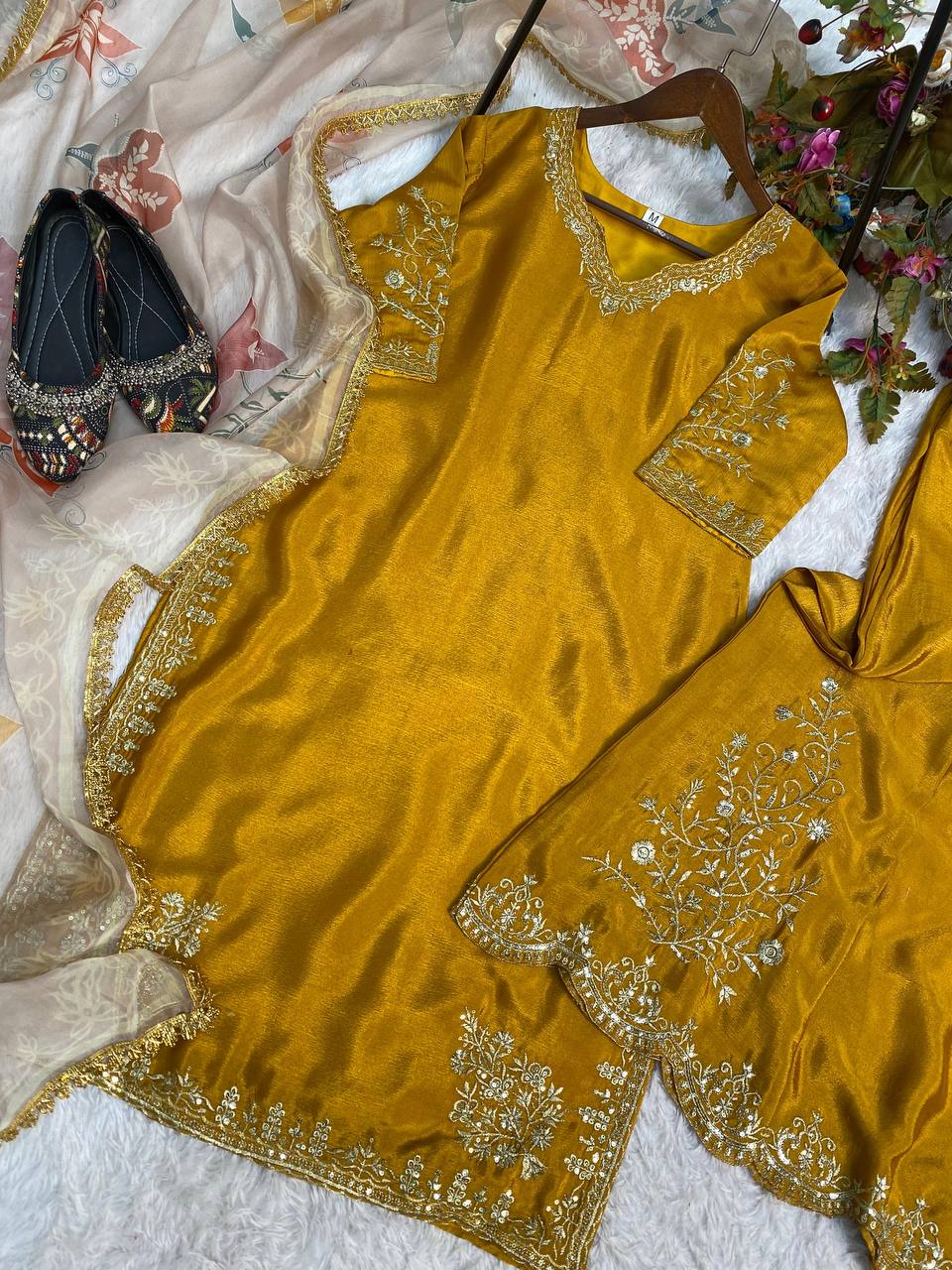 Heavy Chinon Suit with Sequins Embroidery & Full Flair Gharara