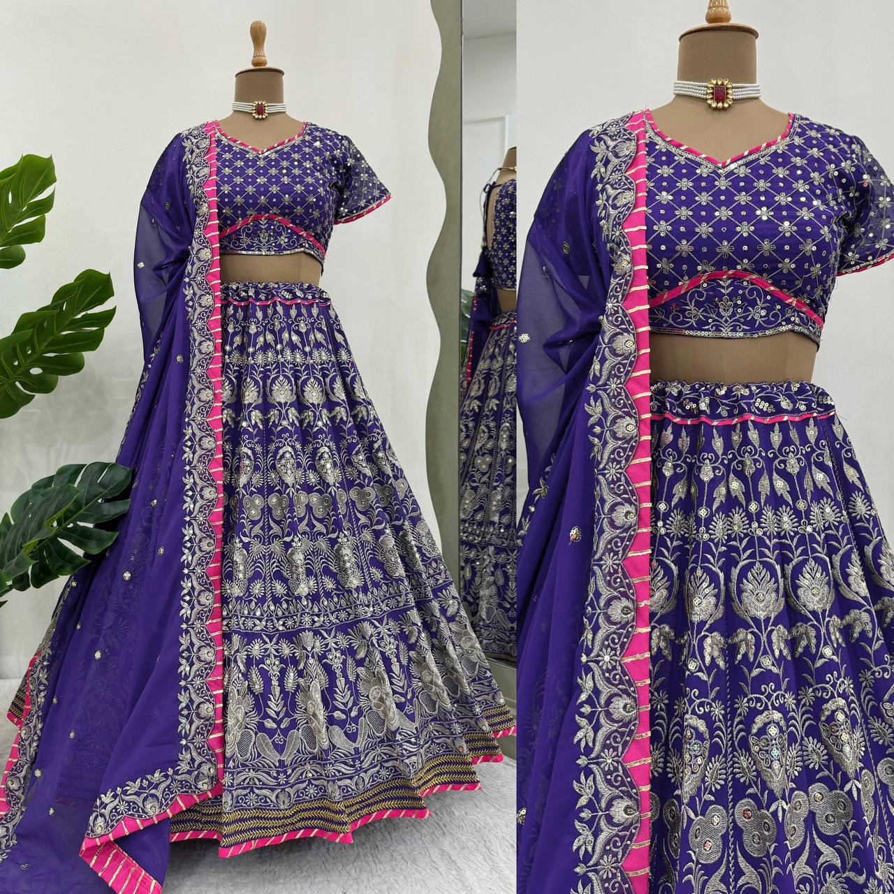 Faux Georgette Lehenga Choli Set with Sequins, Thread Work & Elegant Lace Border