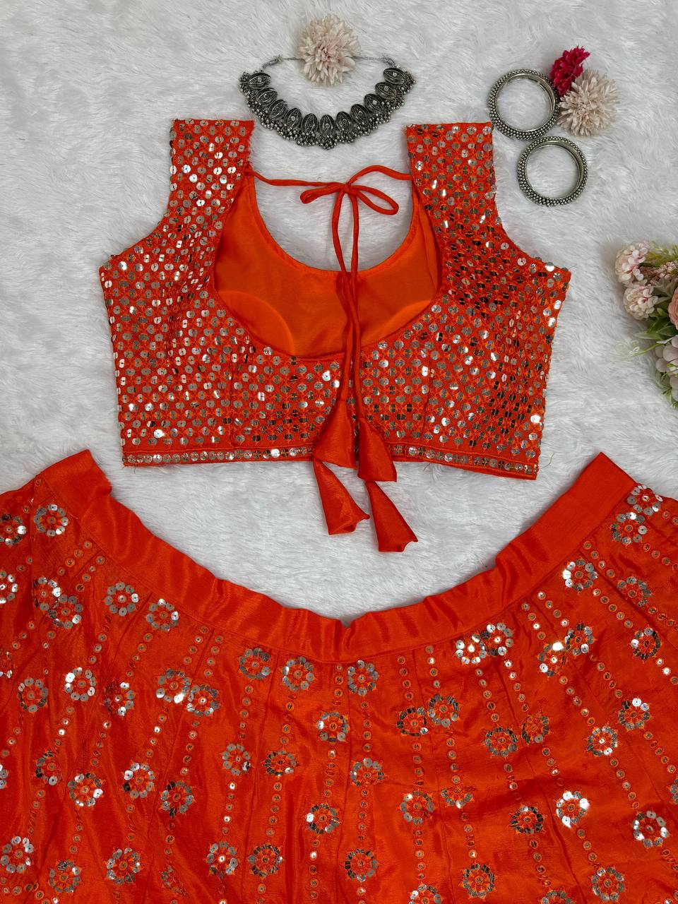 Chinon Lehenga Choli Set with Sequins Thread Work & Cutwork Dupatta