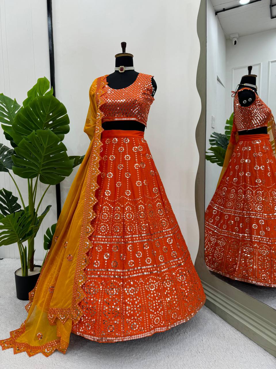 Chinon Lehenga Choli Set with Sequins Thread Work & Cutwork Dupatta