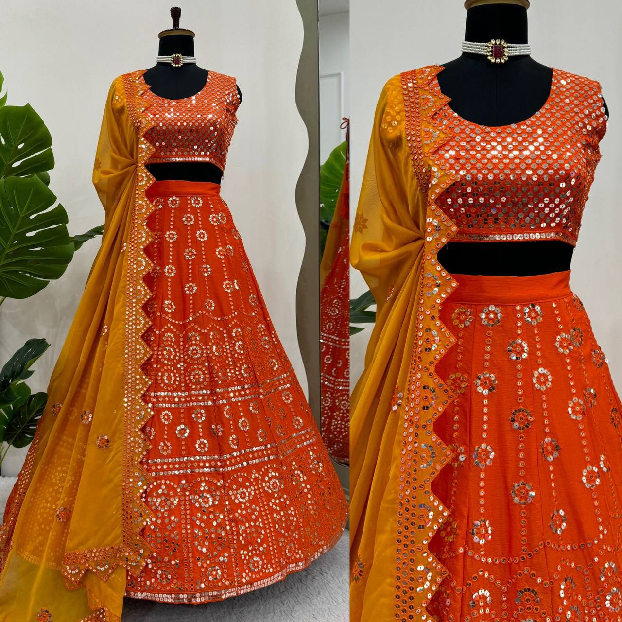 Chinon Lehenga Choli Set with Sequins Thread Work & Cutwork Dupatta